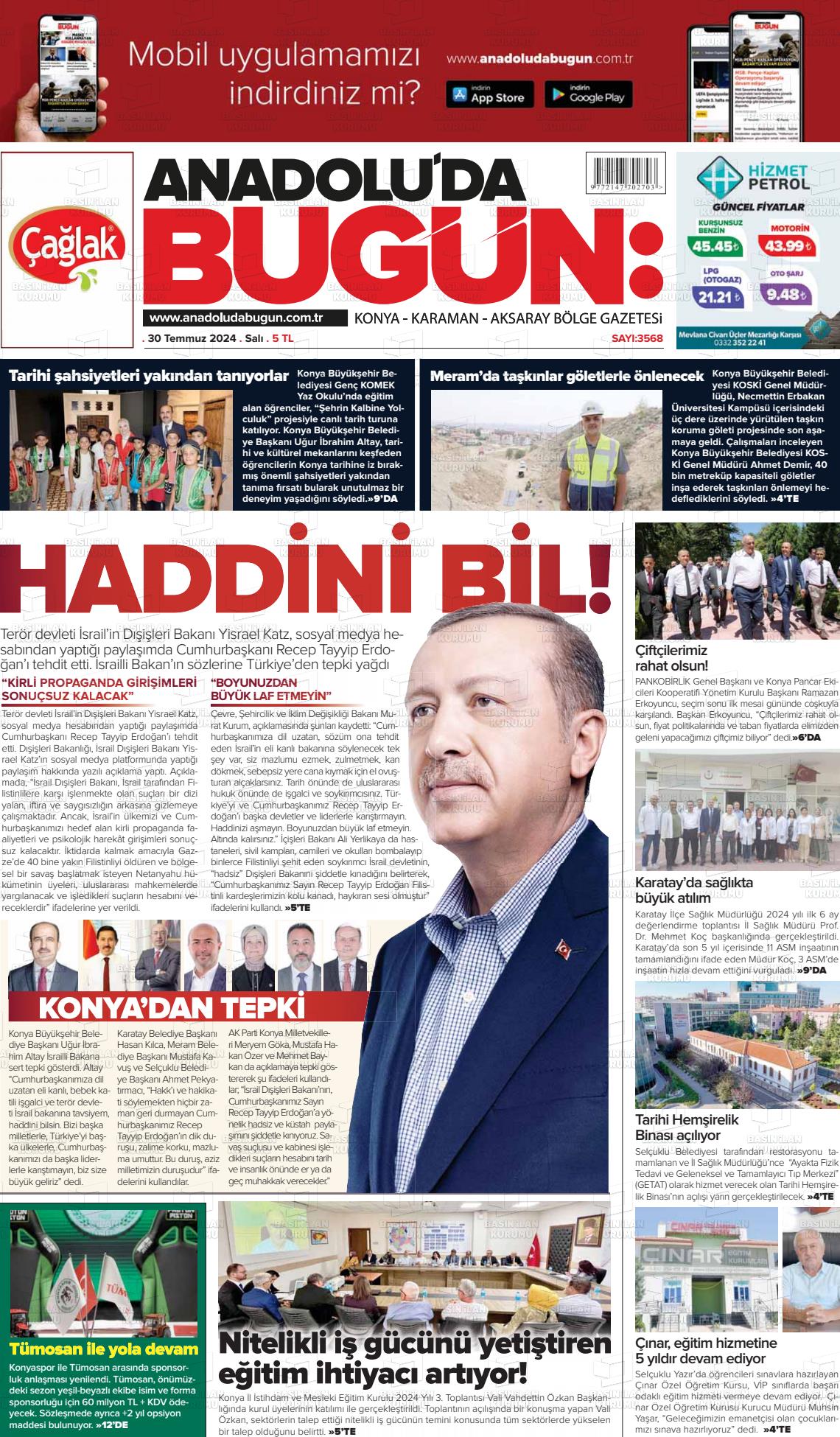 30 Temmuz 2024 Anadolu'da Bugün Gazete Manşeti