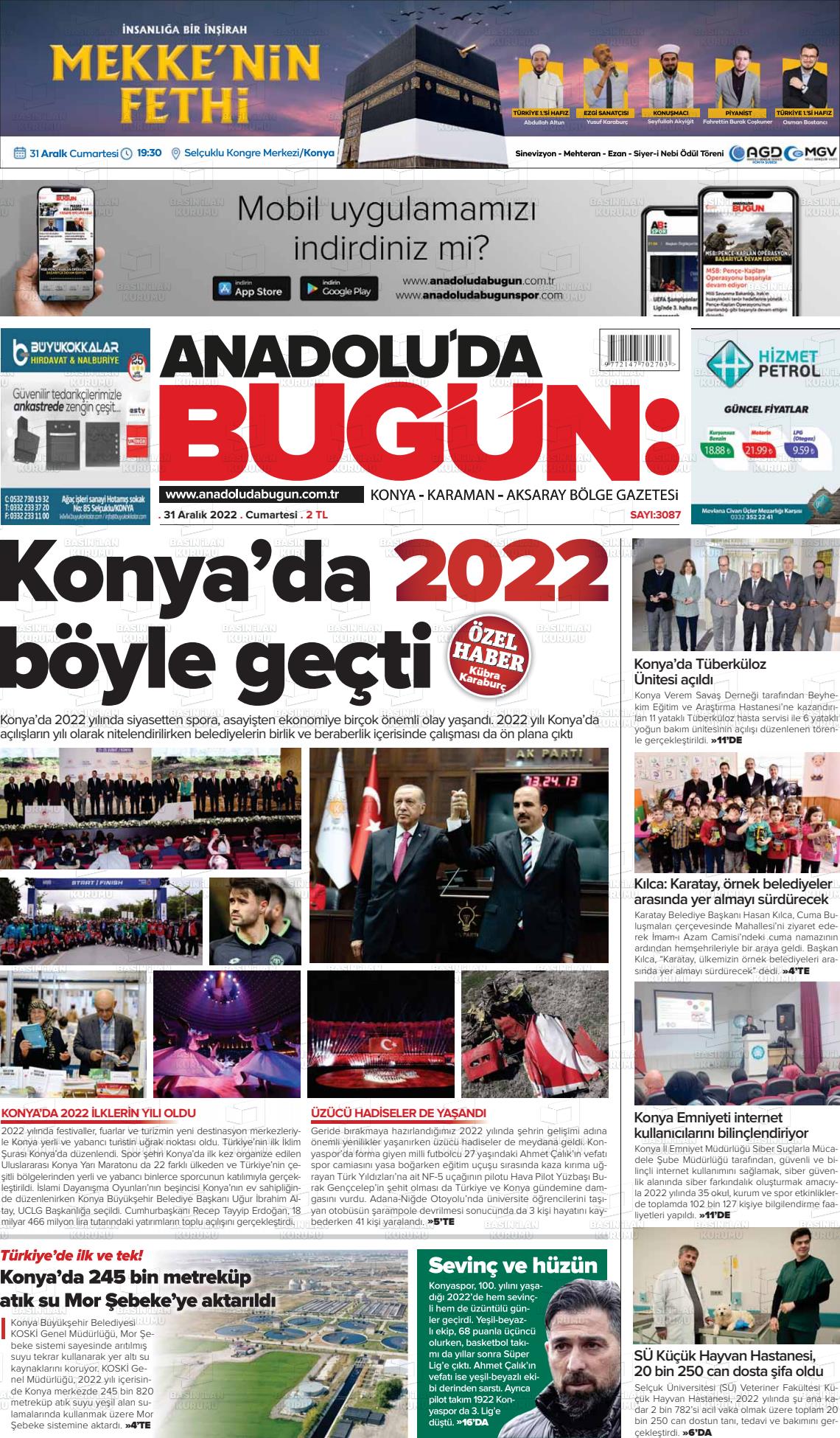 31 Aralık 2022 Anadolu'da Bugün Gazete Manşeti