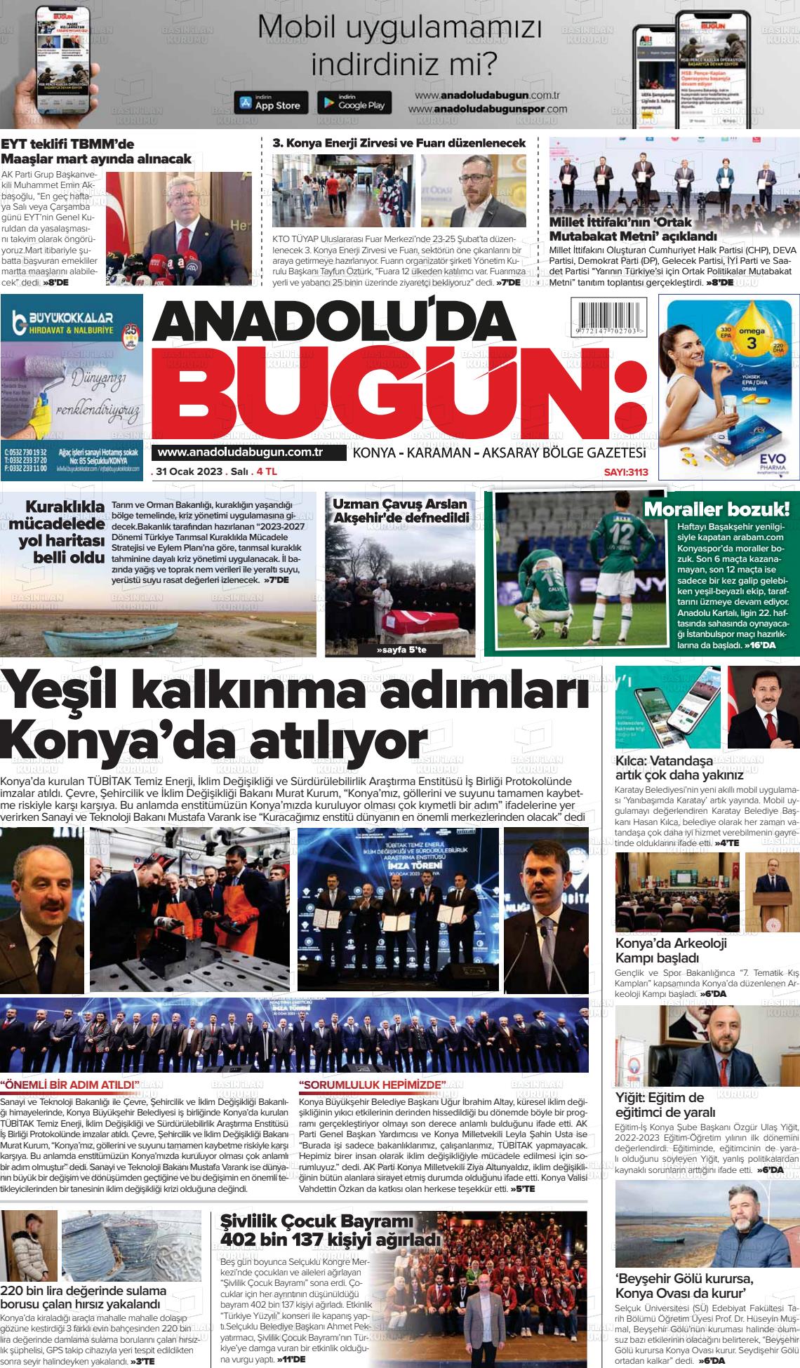 31 Mart 2023 Anadolu'da Bugün Gazete Manşeti