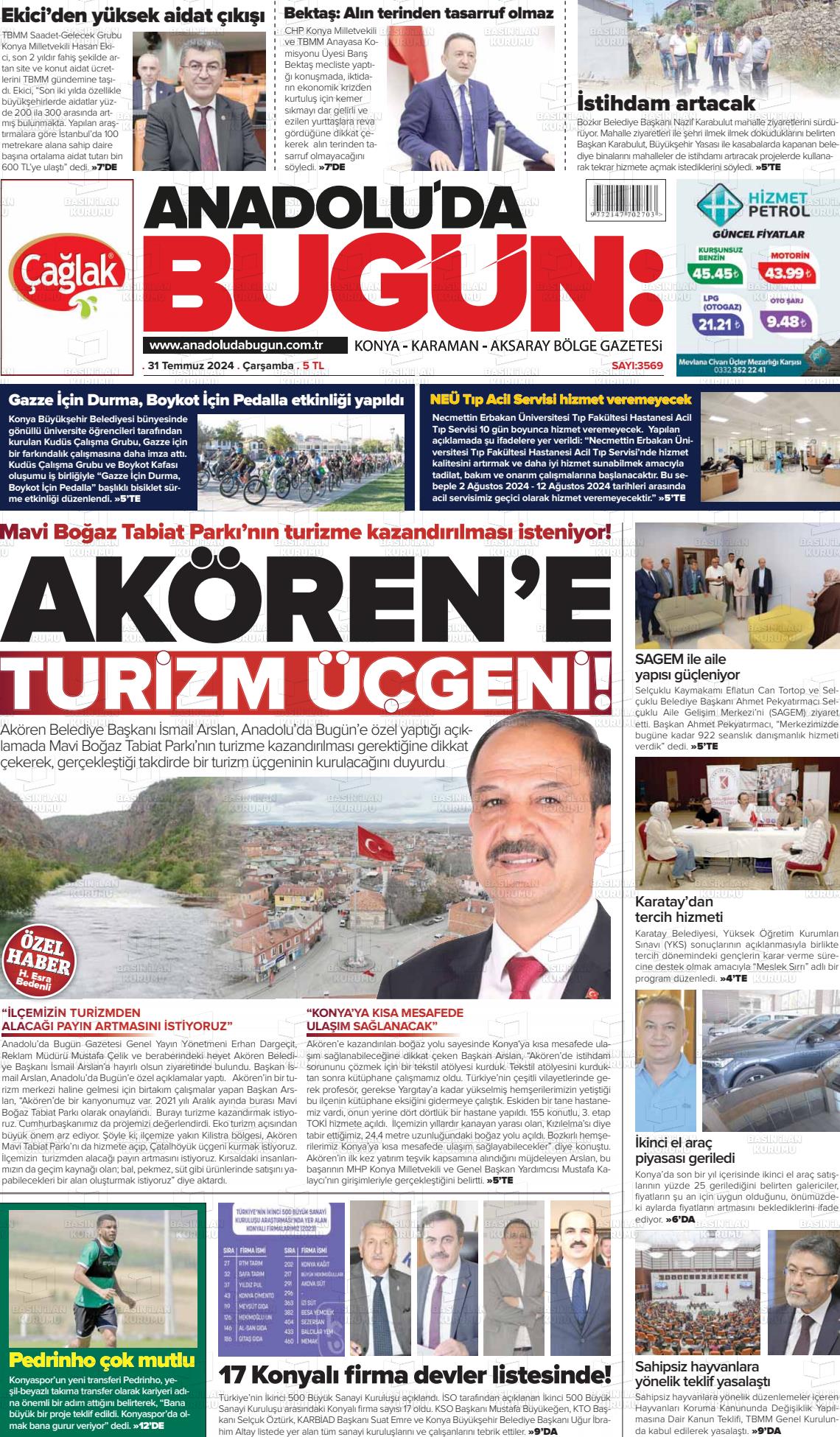 31 Temmuz 2024 Anadolu'da Bugün Gazete Manşeti