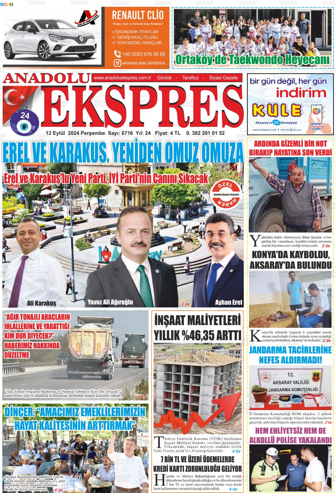 12 Eylül 2024 Anadolu Ekspres Gazete Manşeti