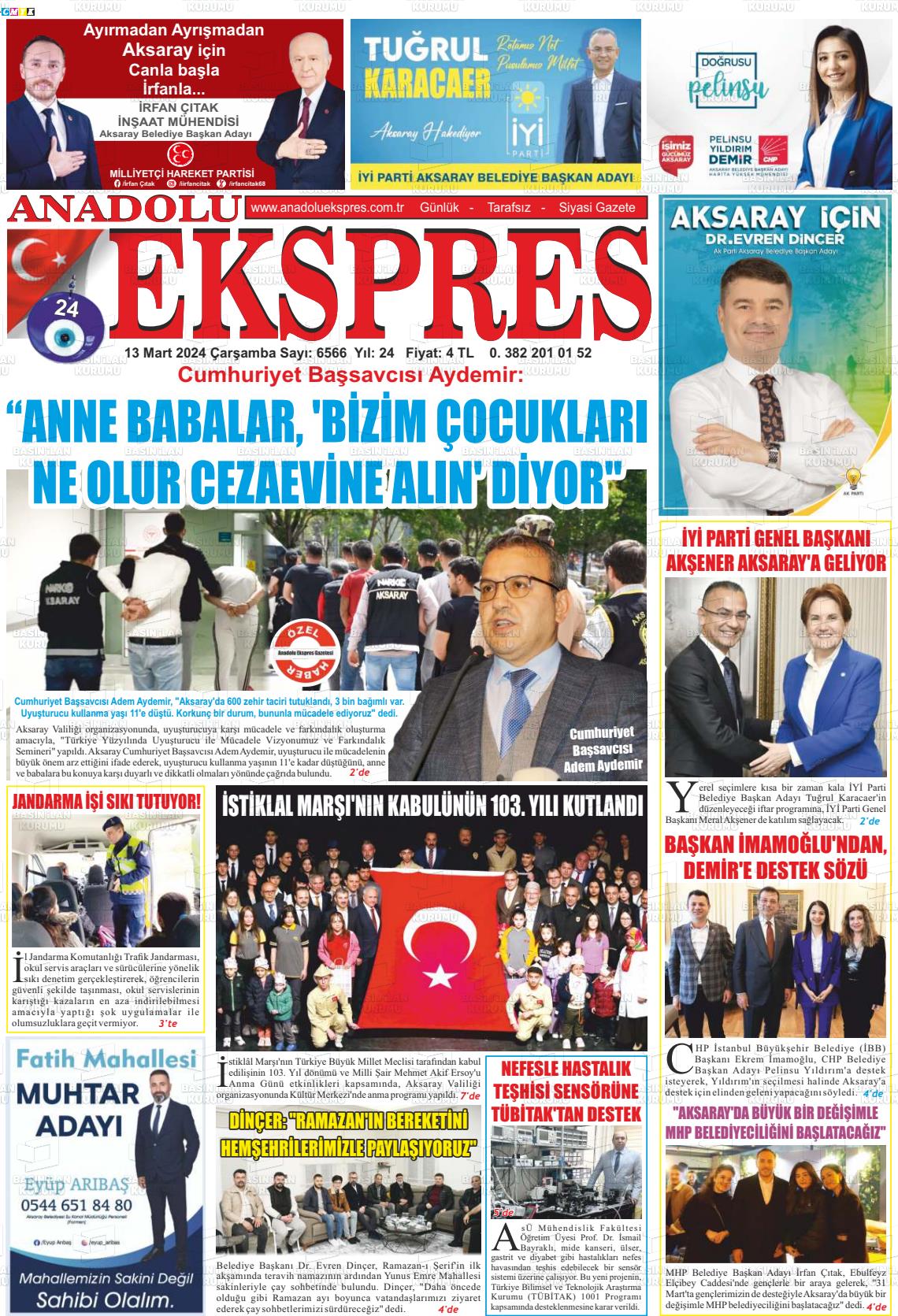 13 Mart 2024 Anadolu Ekspres Gazete Manşeti