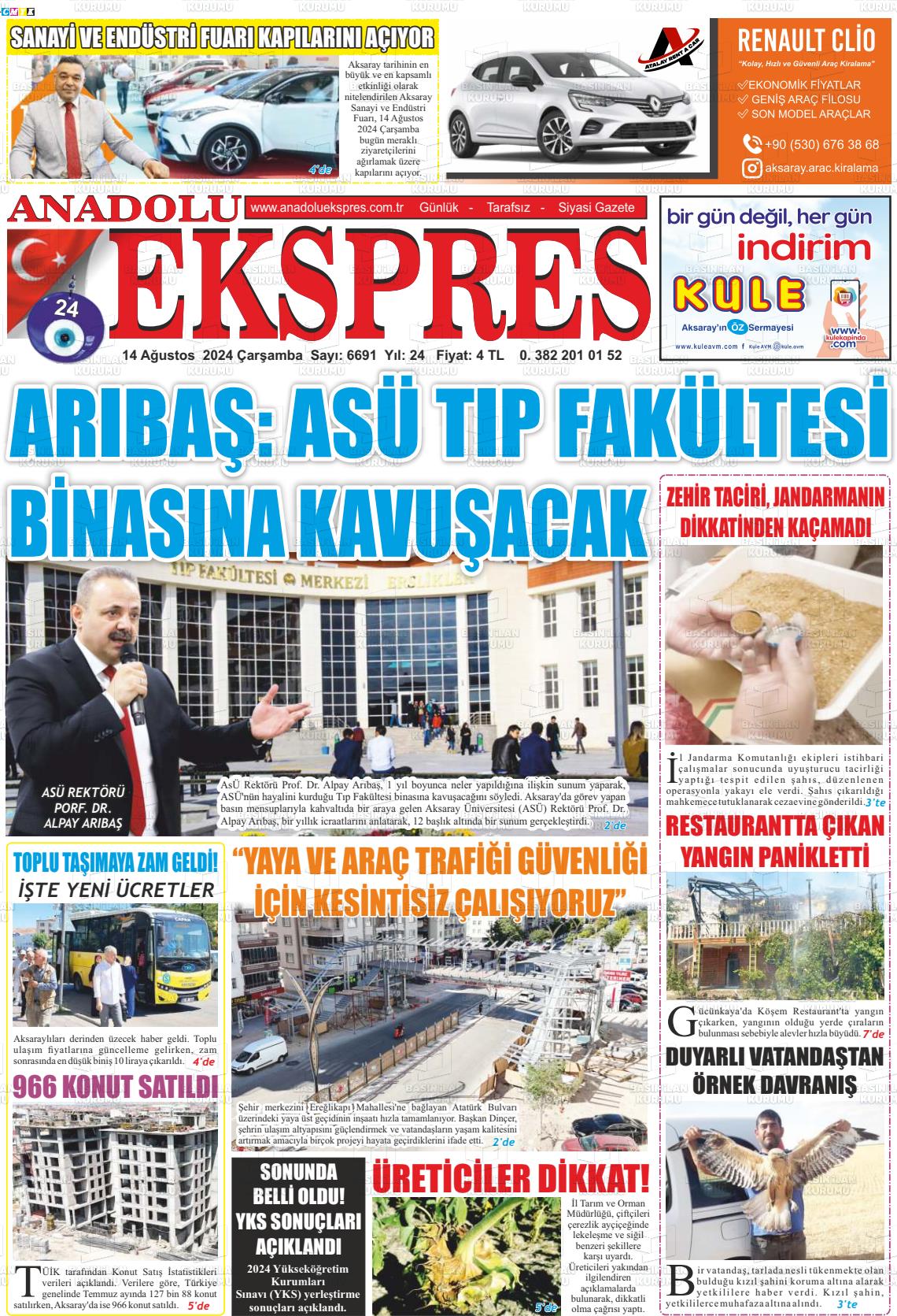 14 Ağustos 2024 Anadolu Ekspres Gazete Manşeti