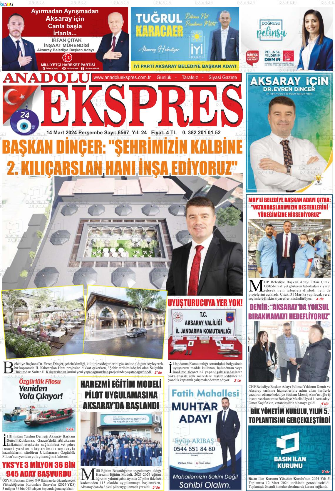 14 Mart 2024 Anadolu Ekspres Gazete Manşeti