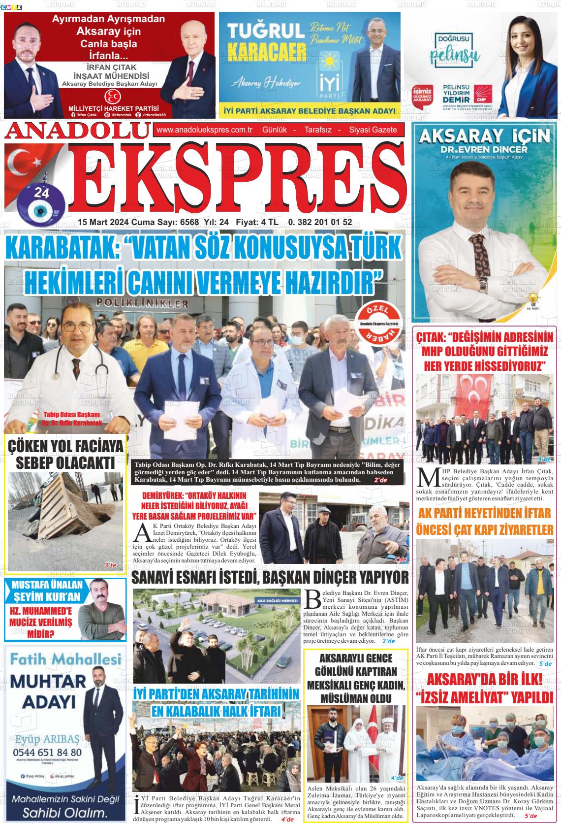 15 Mart 2024 Anadolu Ekspres Gazete Manşeti