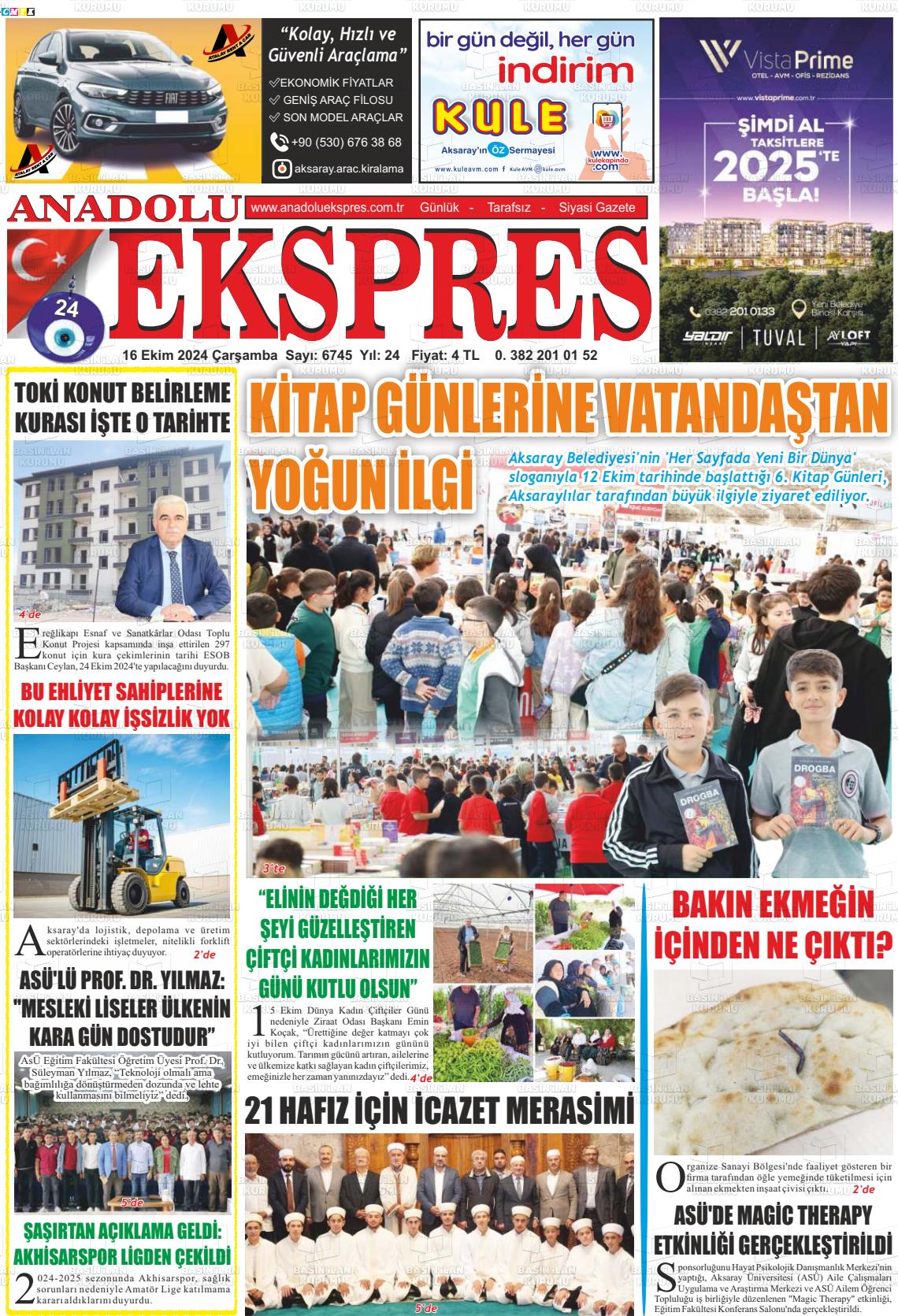 16 Ekim 2024 Anadolu Ekspres Gazete Manşeti