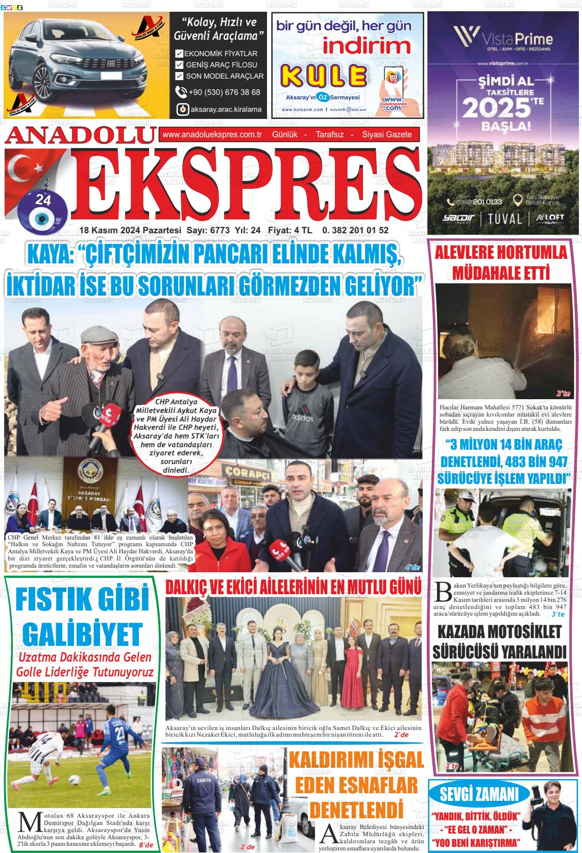 18 Kasım 2024 Anadolu Ekspres Gazete Manşeti