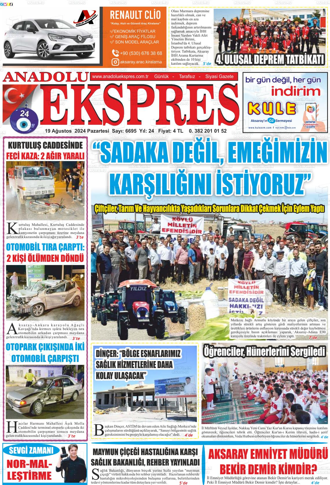 19 Ağustos 2024 Anadolu Ekspres Gazete Manşeti