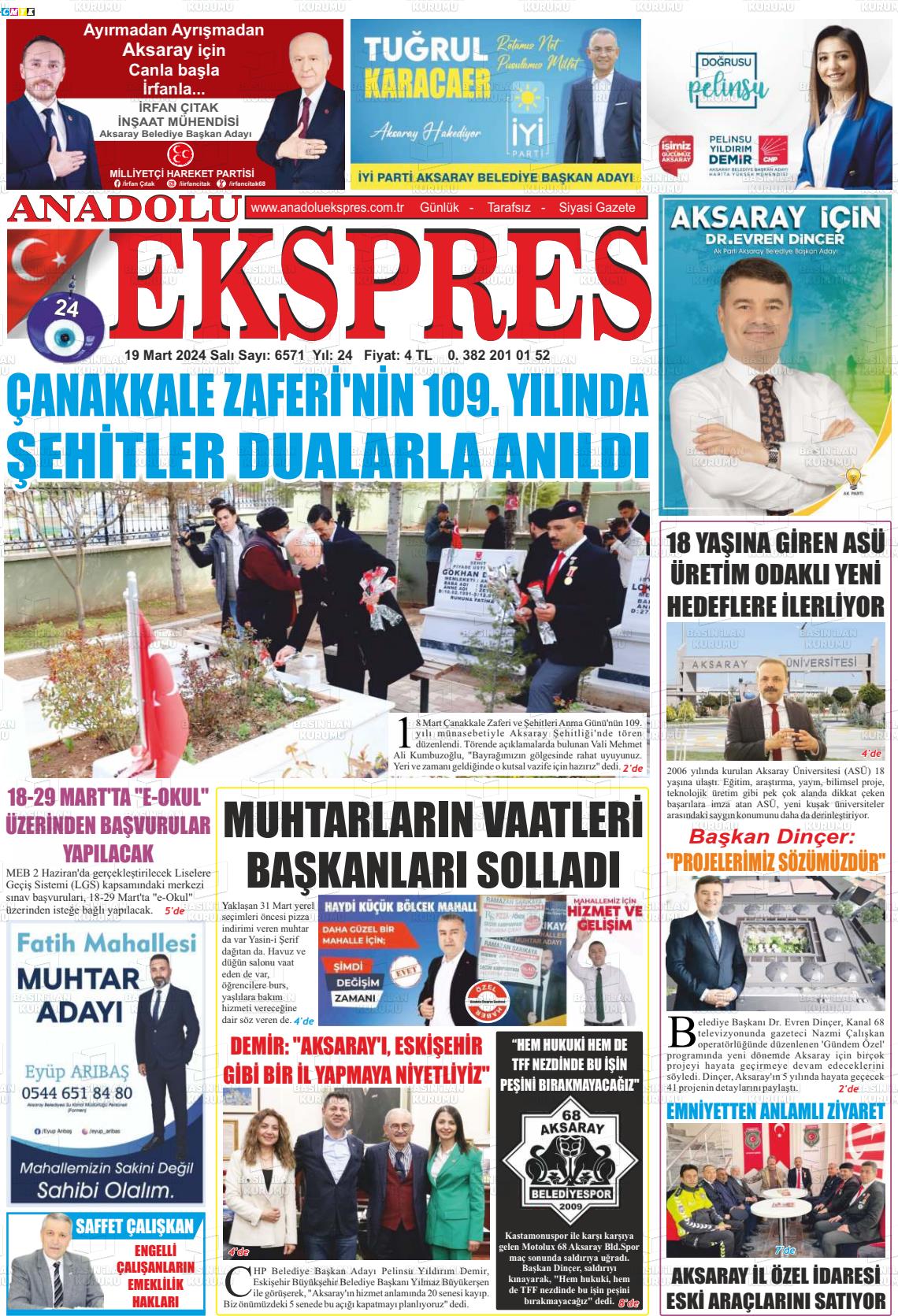 19 Mart 2024 Anadolu Ekspres Gazete Manşeti