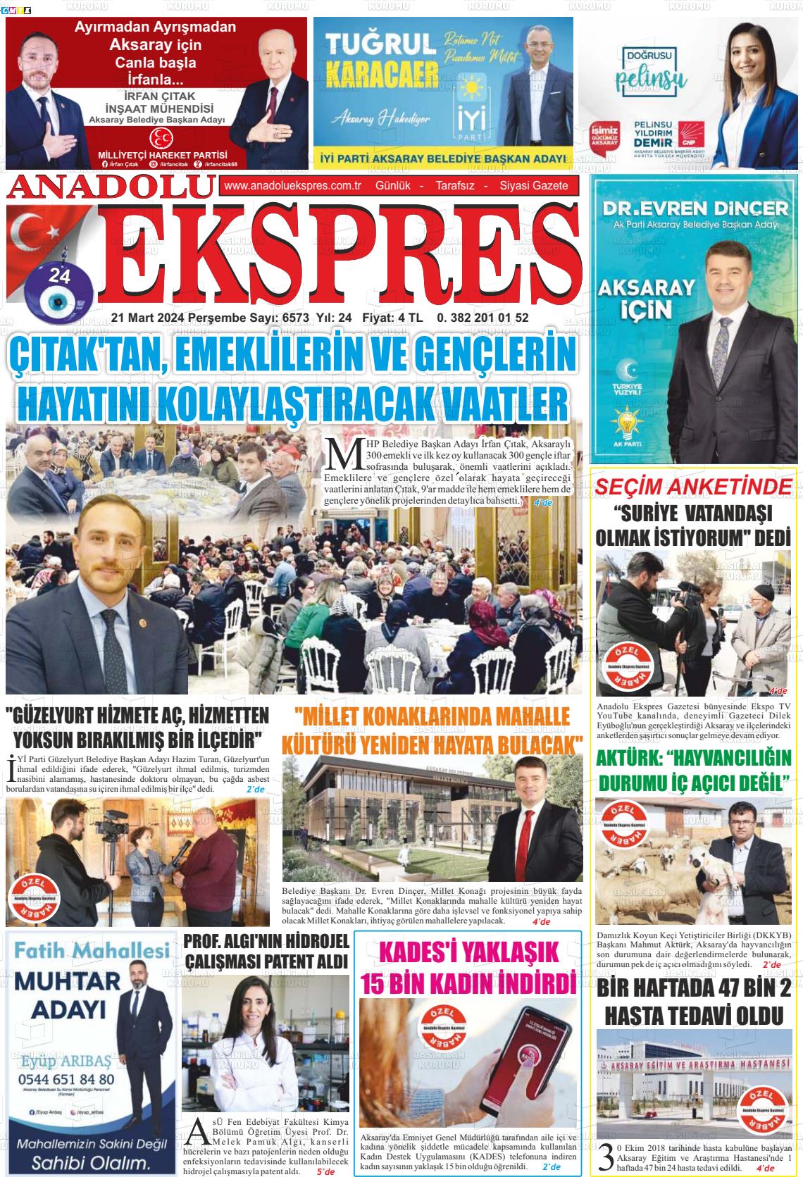 21 Mart 2024 Anadolu Ekspres Gazete Manşeti