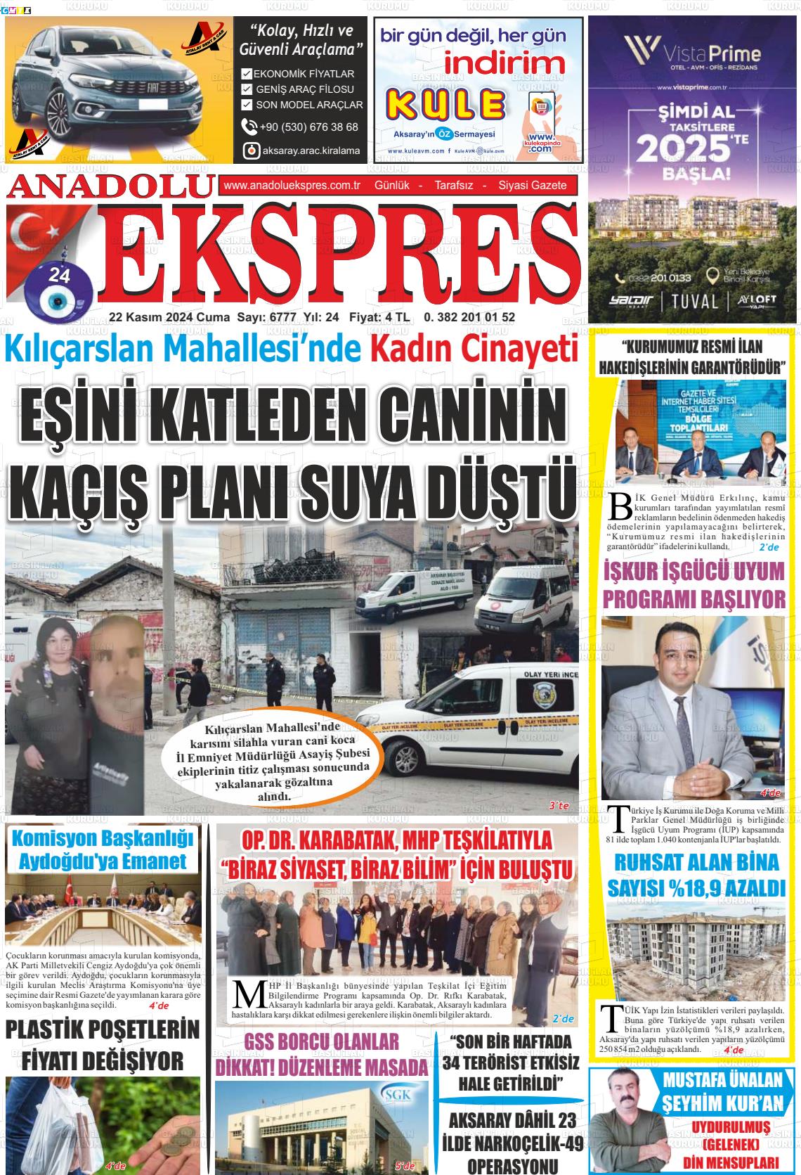 22 Kasım 2024 Anadolu Ekspres Gazete Manşeti