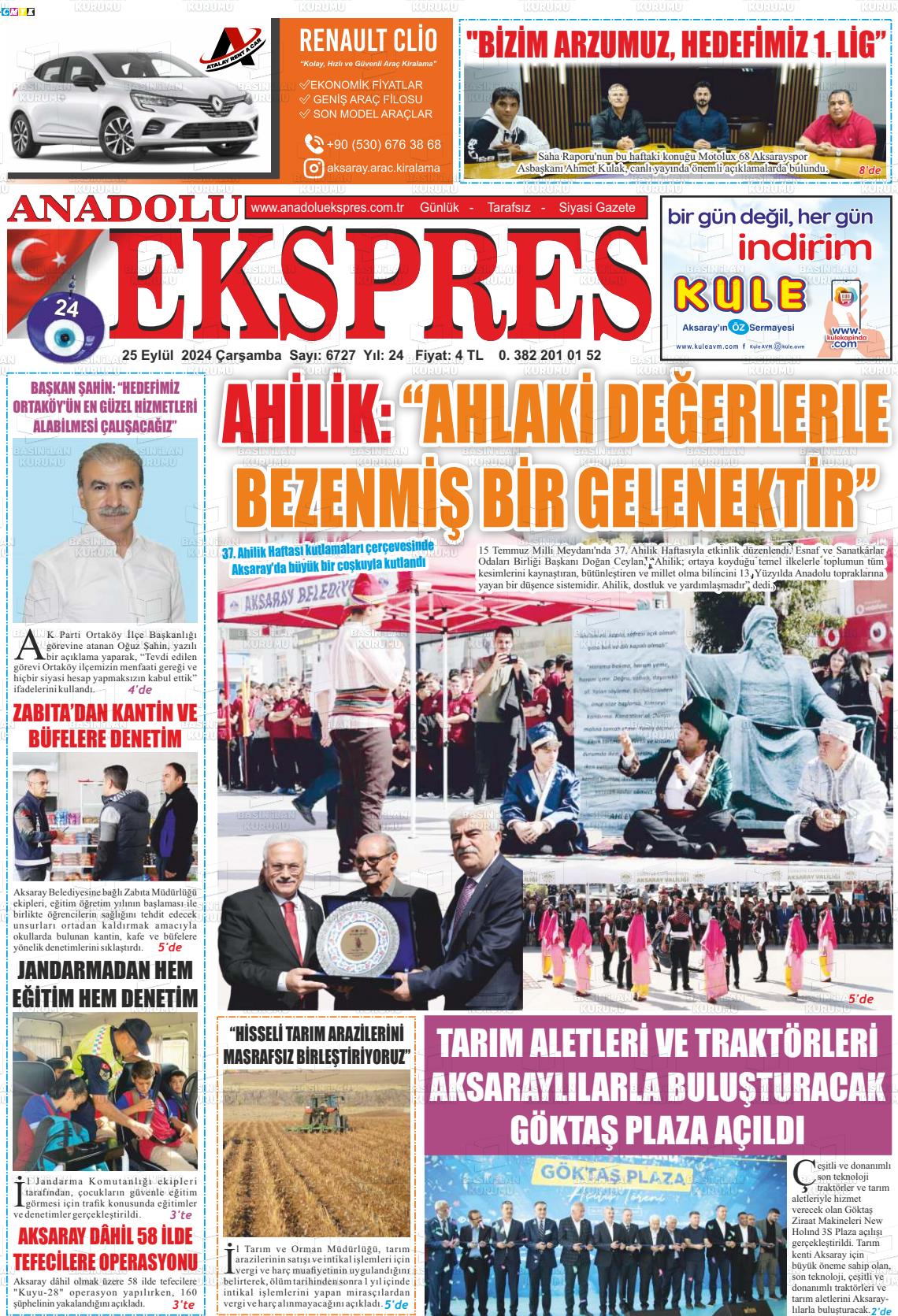 25 Eylül 2024 Anadolu Ekspres Gazete Manşeti