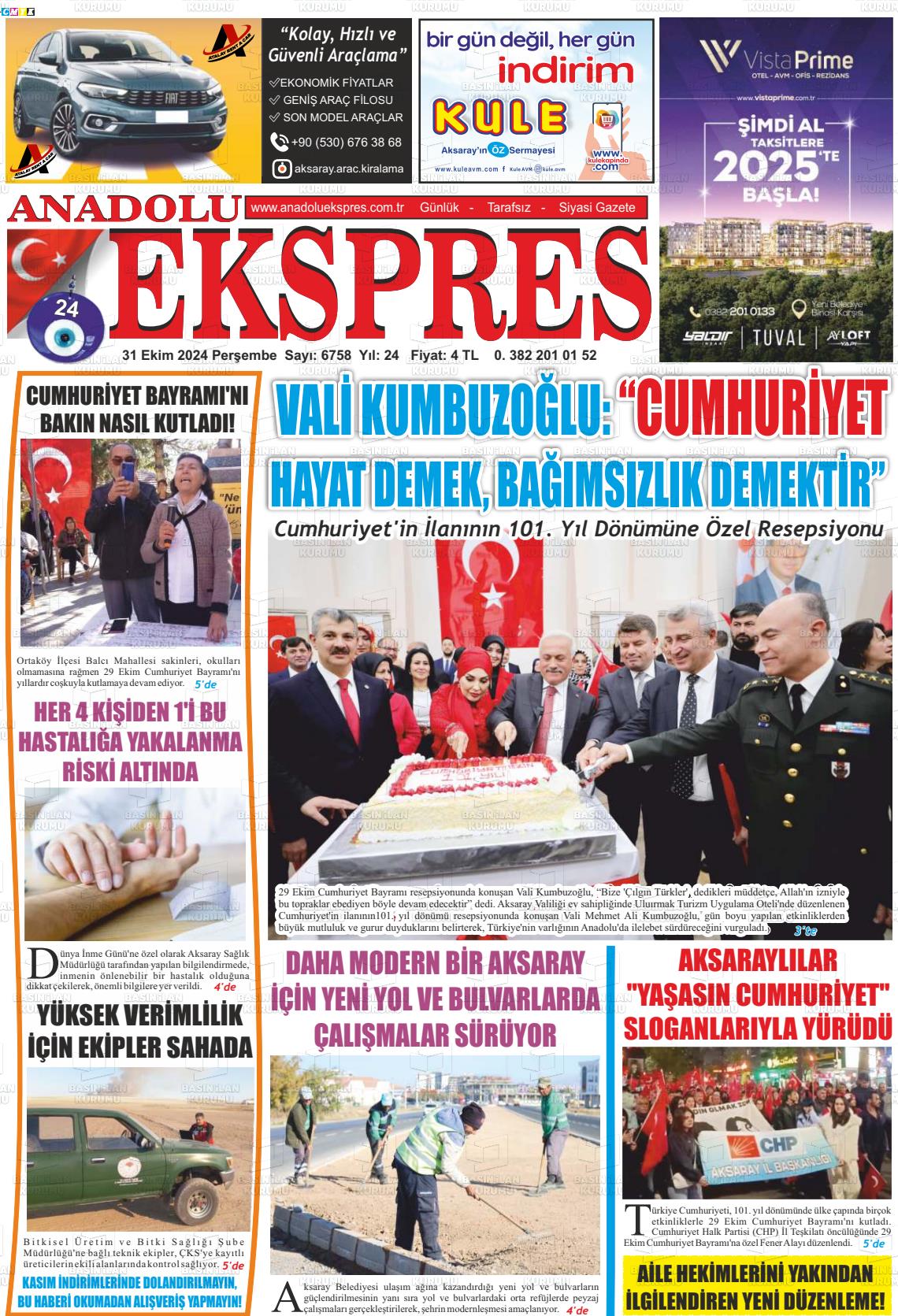 31 Ekim 2024 Anadolu Ekspres Gazete Manşeti