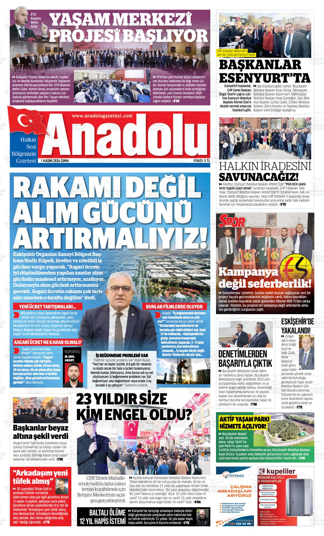 01 Kasım 2024 Anadolu Gazete Manşeti