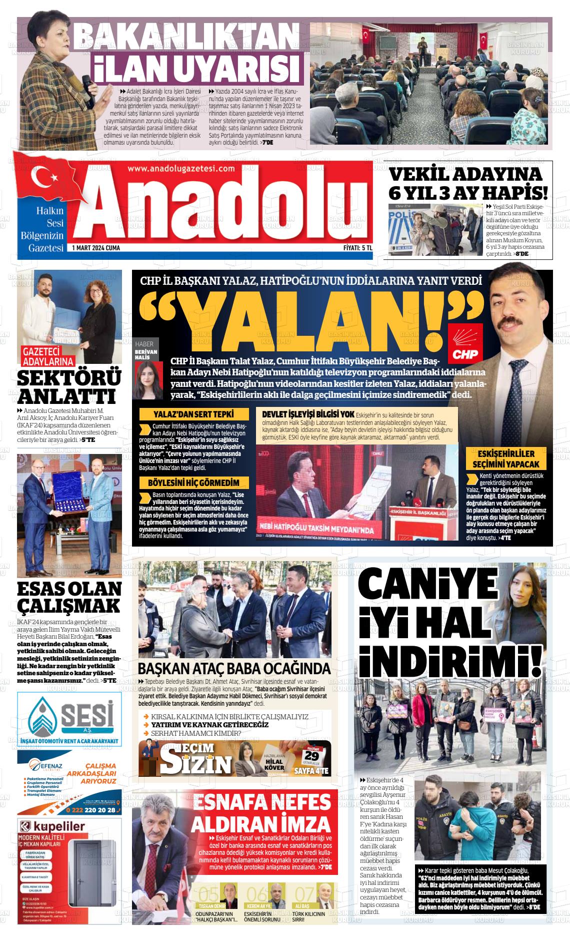 01 Mart 2024 Anadolu Gazete Manşeti