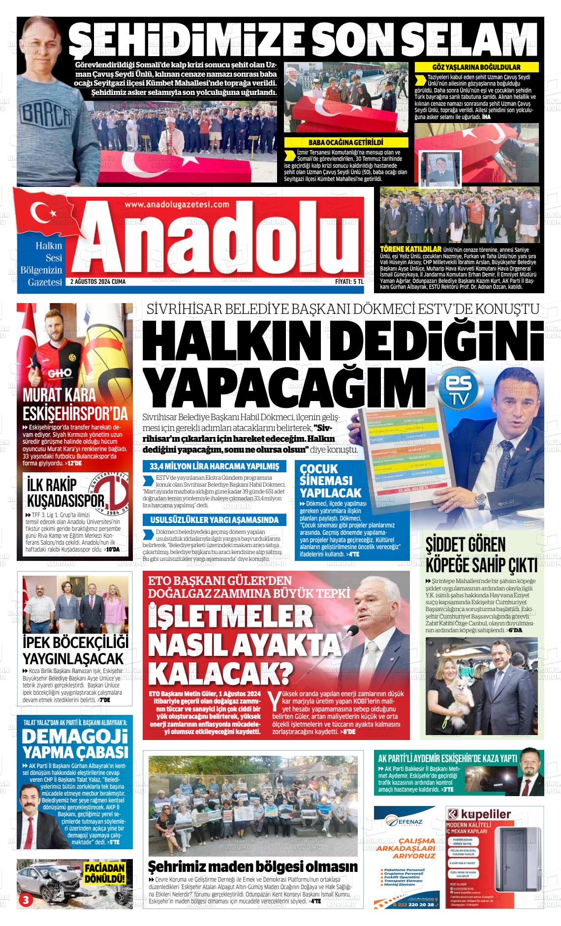 02 Ağustos 2024 Anadolu Gazete Manşeti