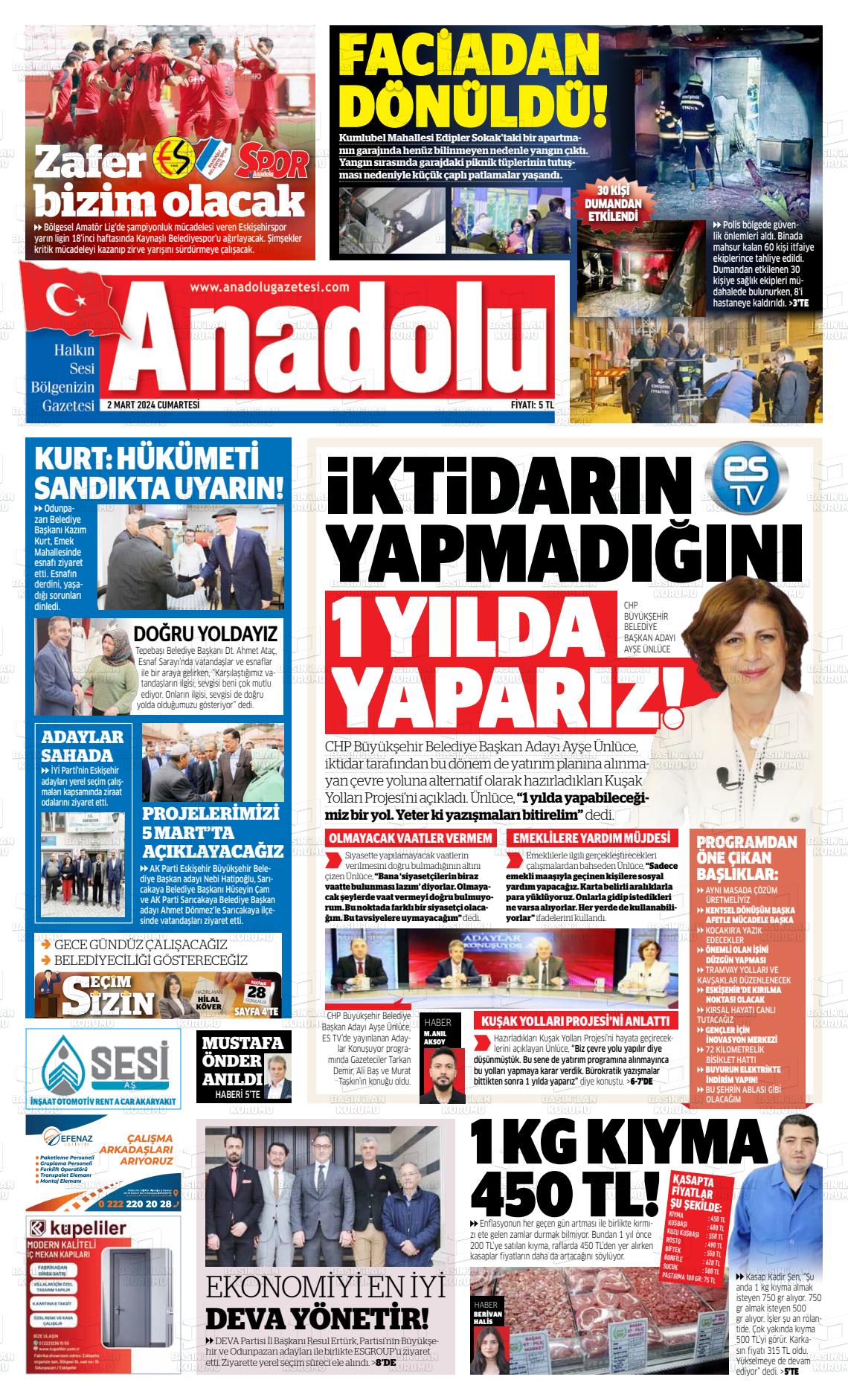 02 Mart 2024 Anadolu Gazete Manşeti