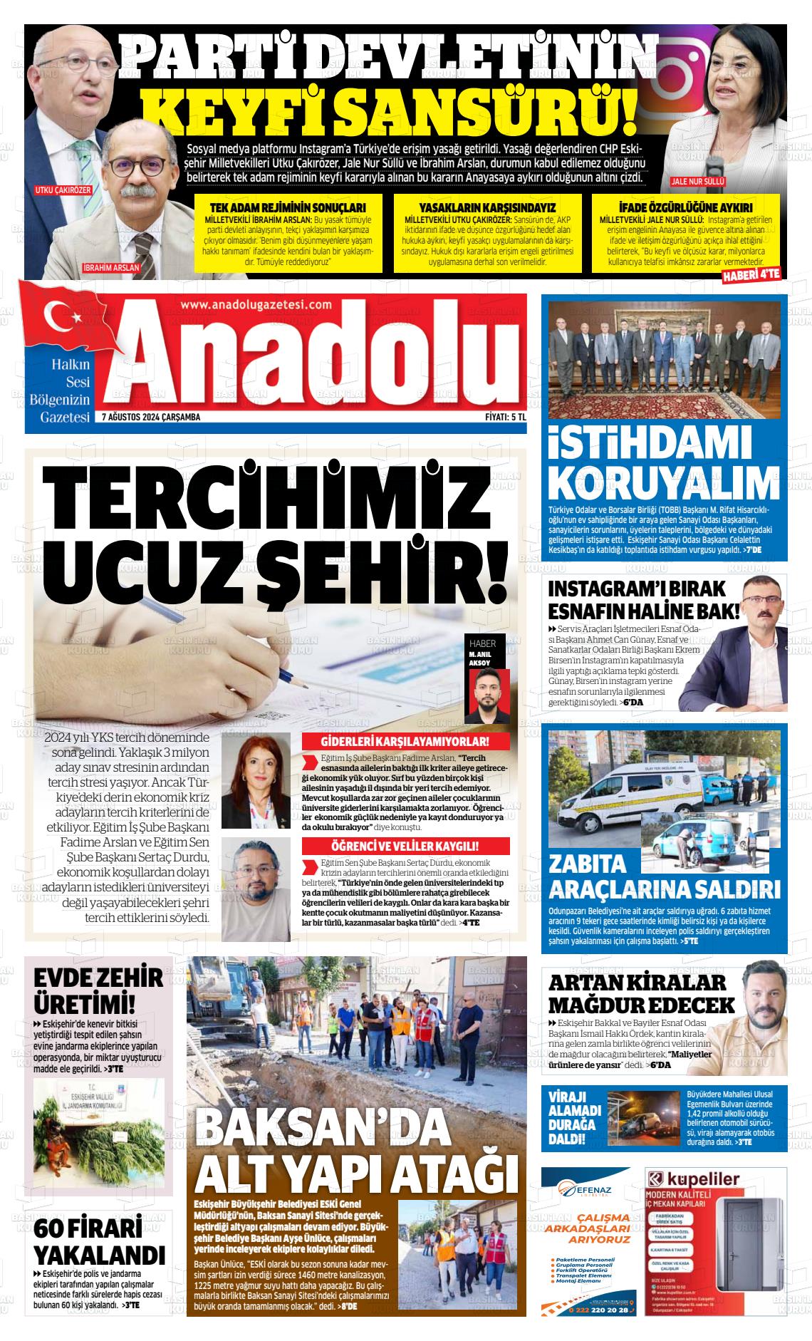 07 Ağustos 2024 Anadolu Gazete Manşeti