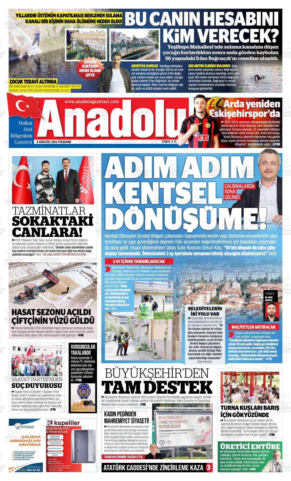 08 Ağustos 2024 Anadolu Gazete Manşeti