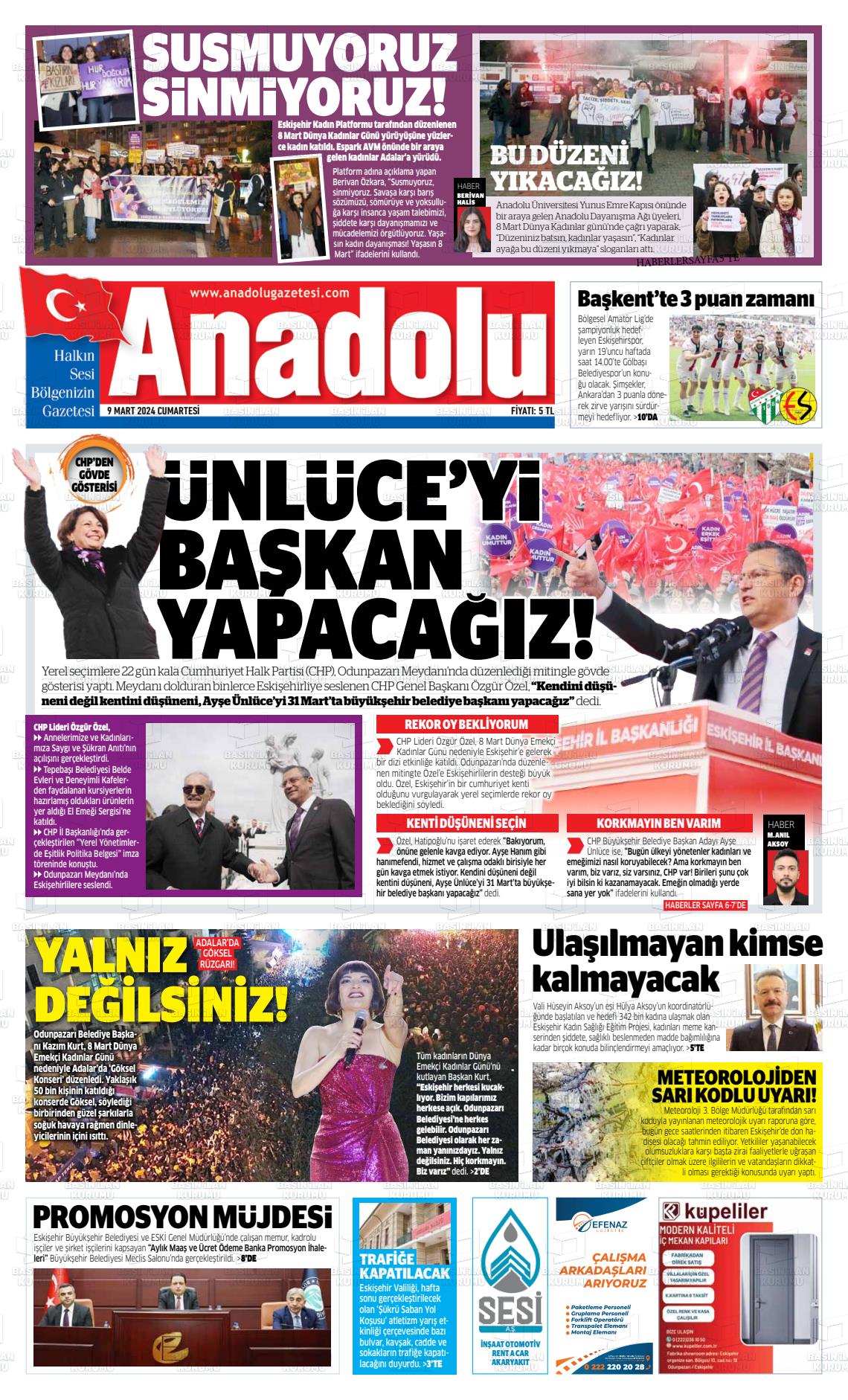 09 Mart 2024 Anadolu Gazete Manşeti