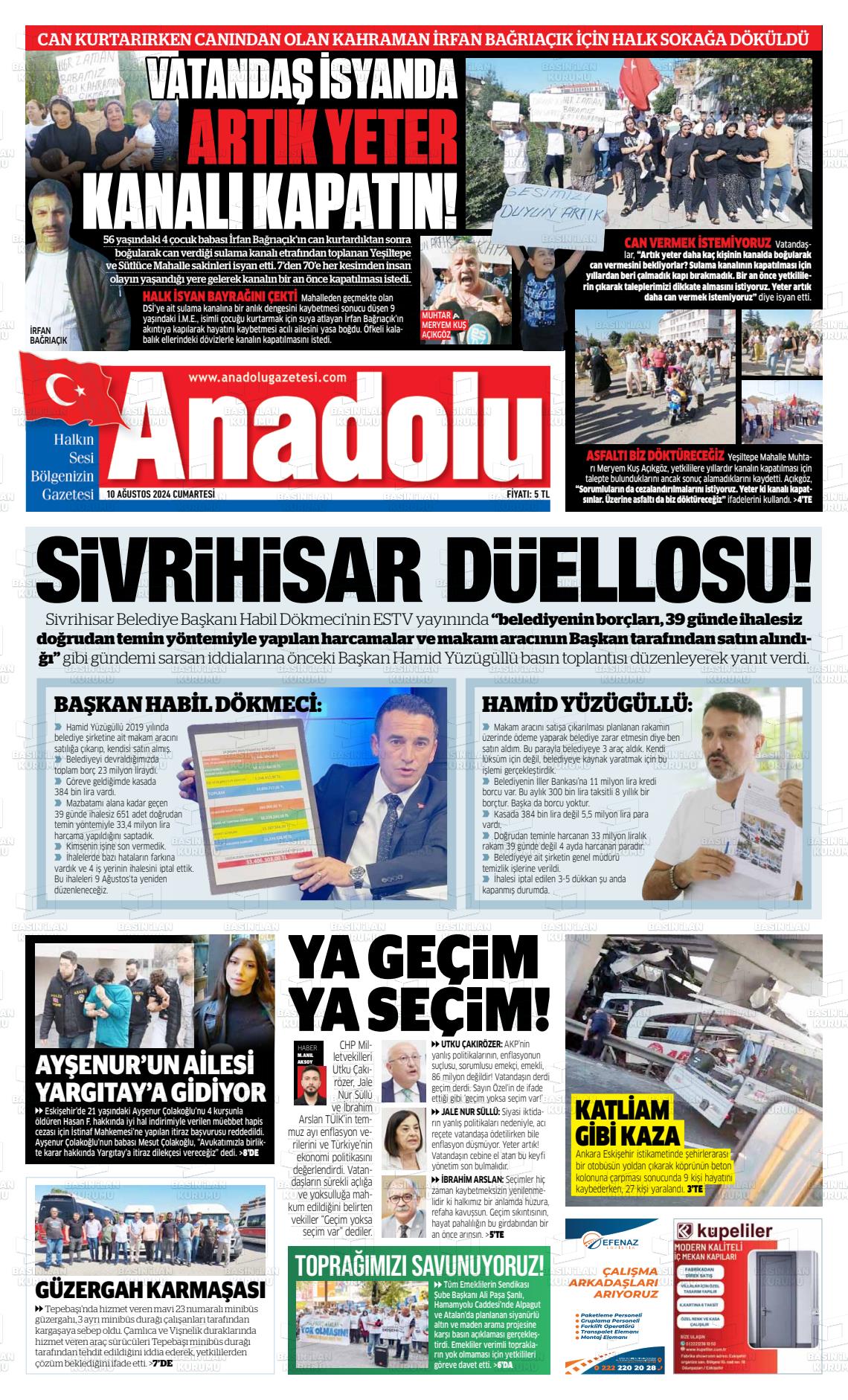 10 Ağustos 2024 Anadolu Gazete Manşeti