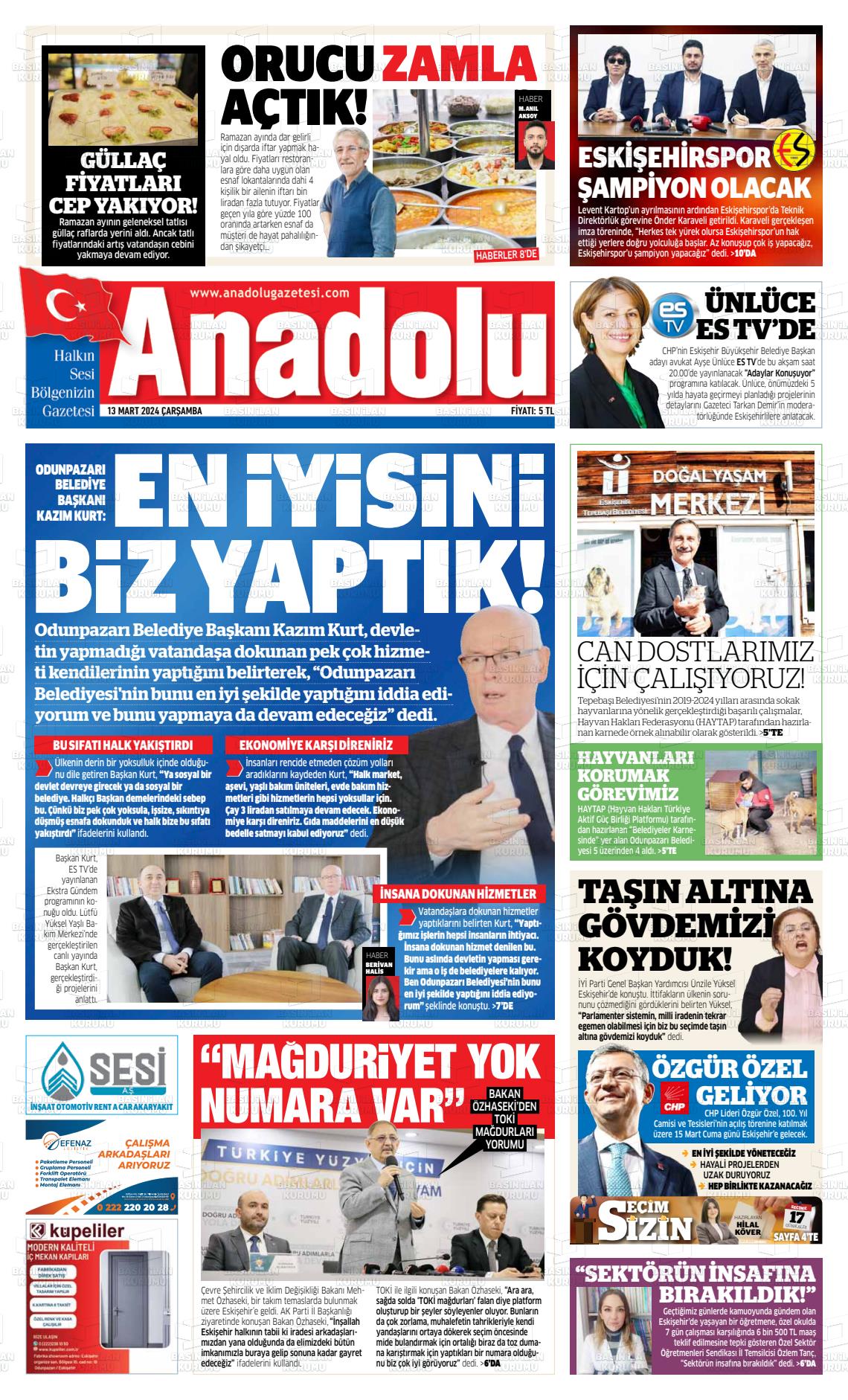 13 Mart 2024 Anadolu Gazete Manşeti