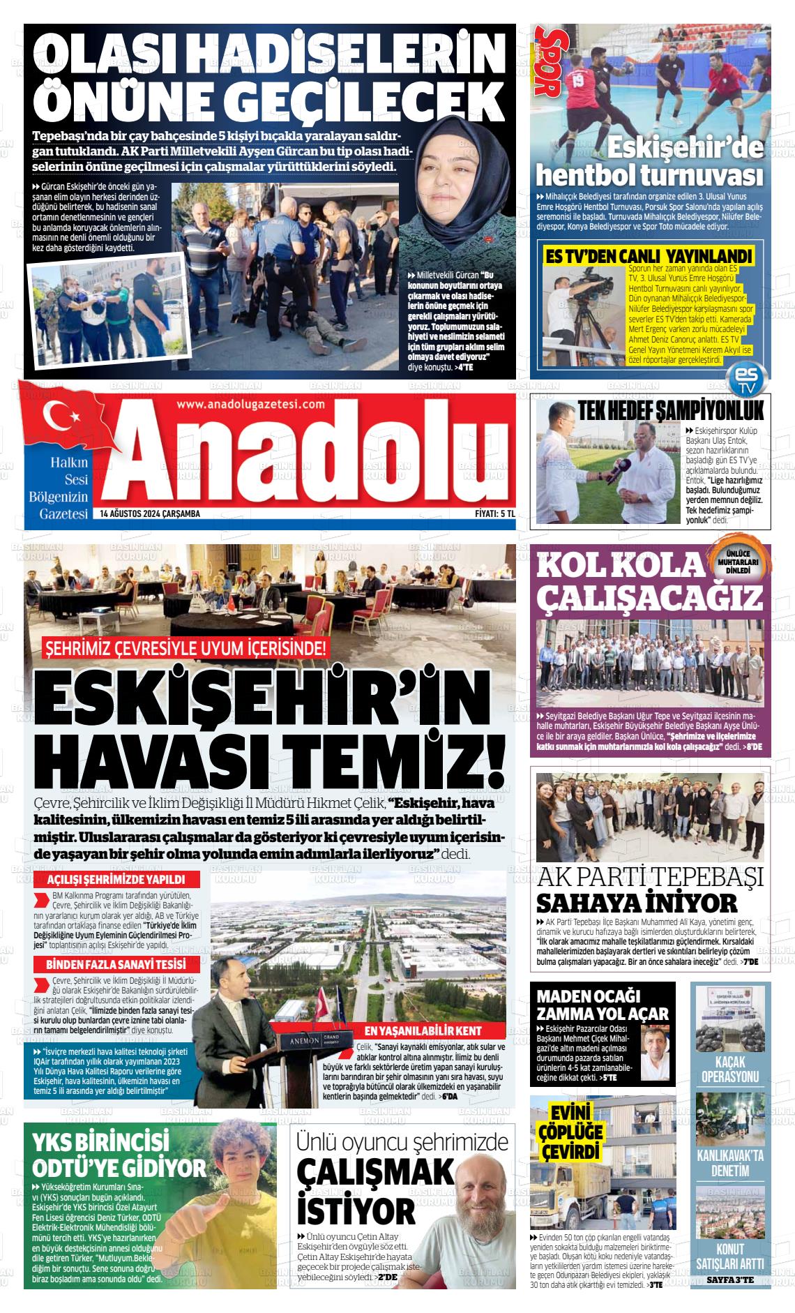 14 Ağustos 2024 Anadolu Gazete Manşeti