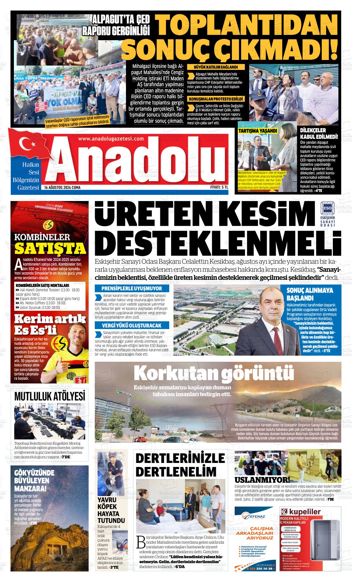 16 Ağustos 2024 Anadolu Gazete Manşeti