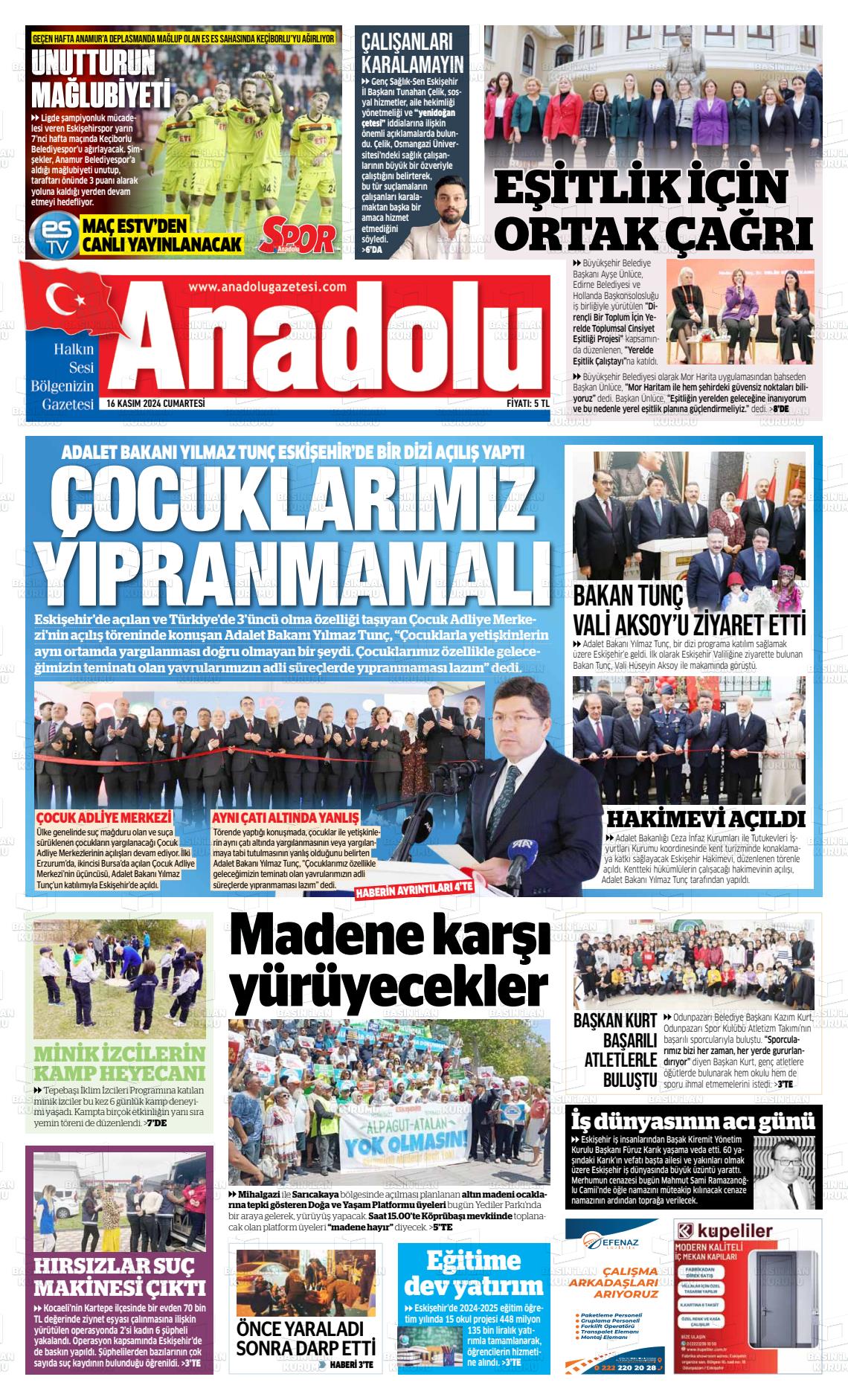 16 Kasım 2024 Anadolu Gazete Manşeti