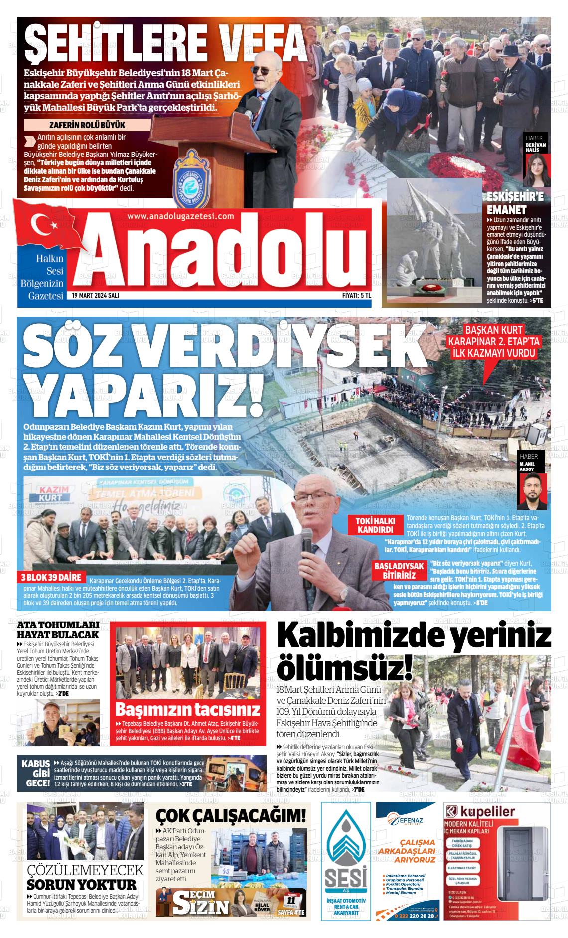 19 Mart 2024 Anadolu Gazete Manşeti