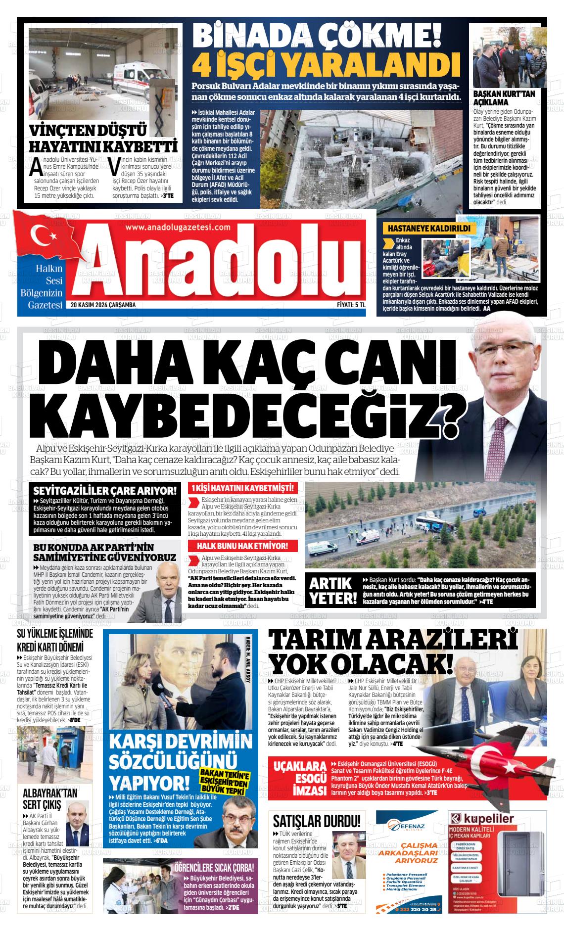 20 Kasım 2024 Anadolu Gazete Manşeti