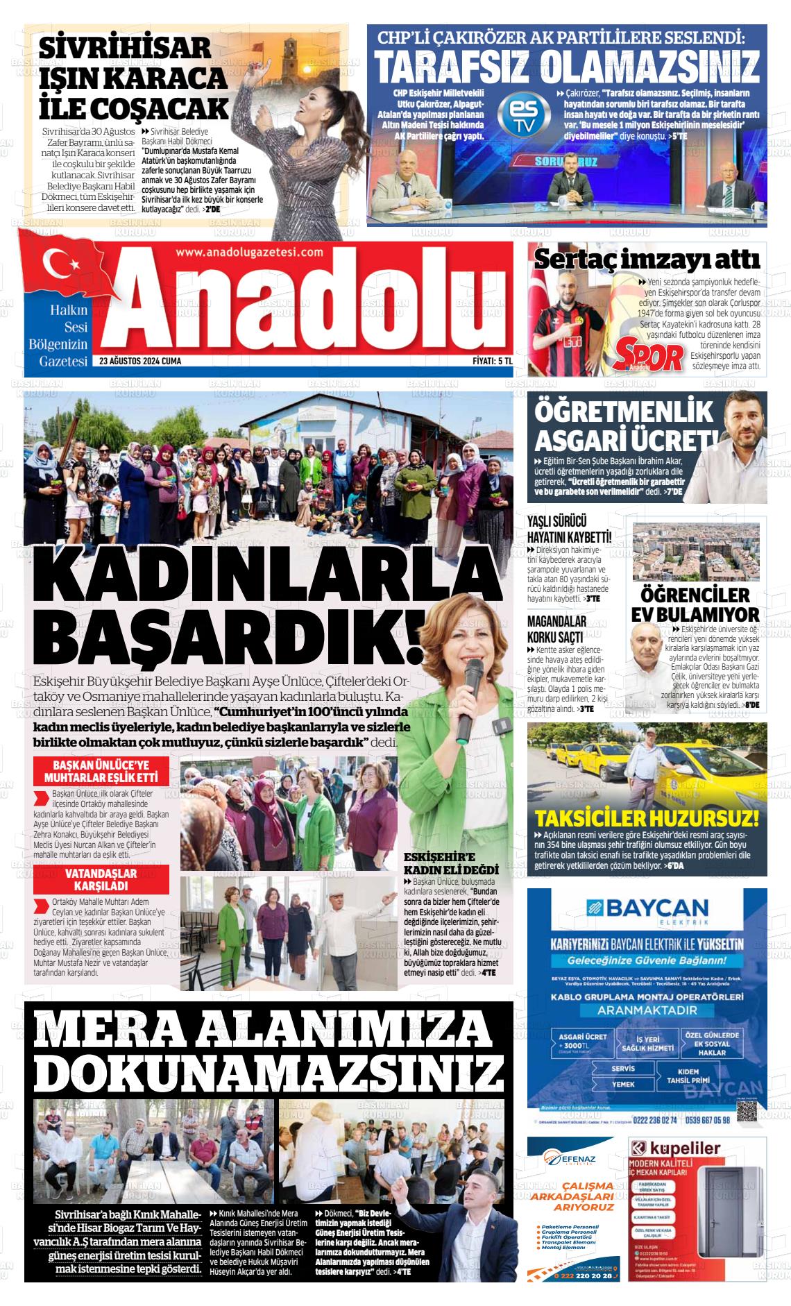 23 Ağustos 2024 Anadolu Gazete Manşeti