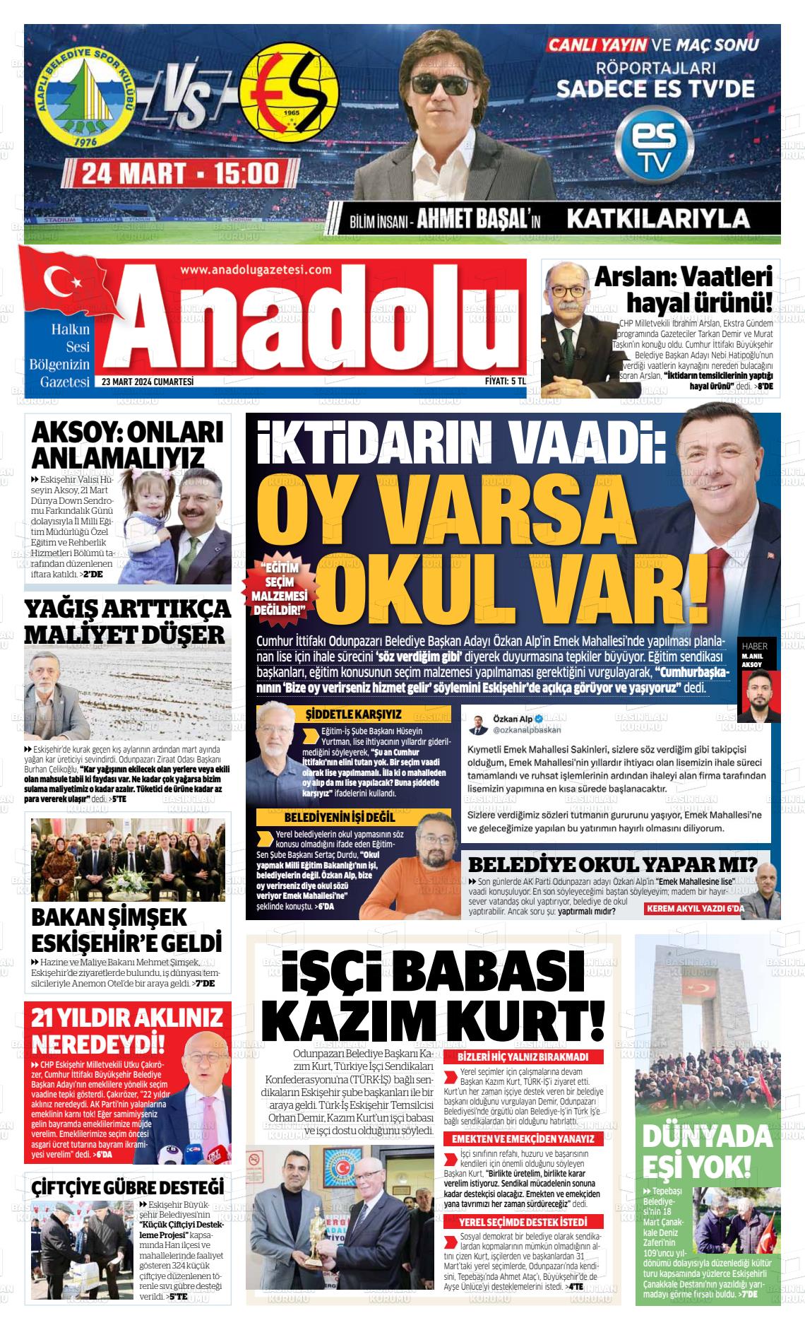 23 Mart 2024 Anadolu Gazete Manşeti