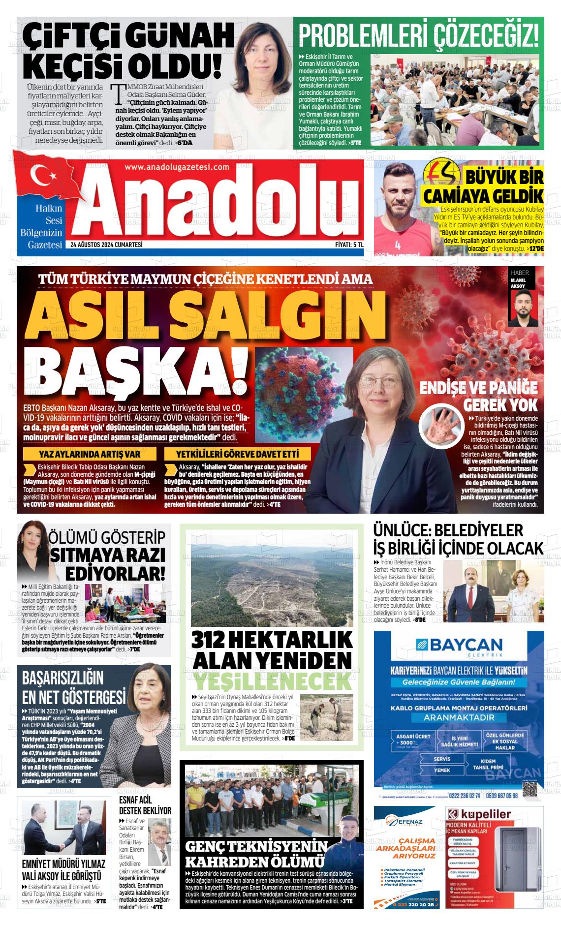 24 Ağustos 2024 Anadolu Gazete Manşeti