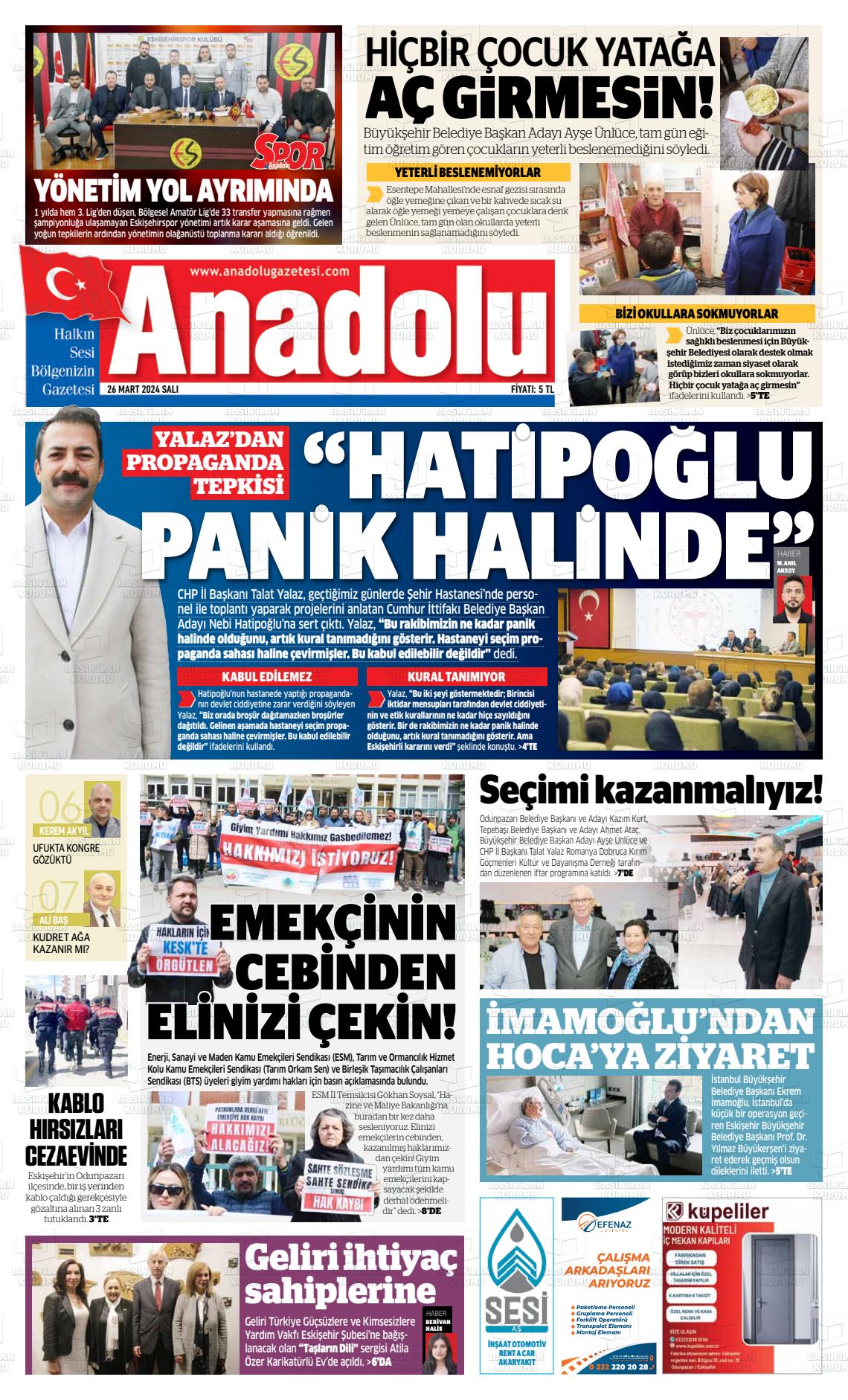 26 Mart 2024 Anadolu Gazete Manşeti