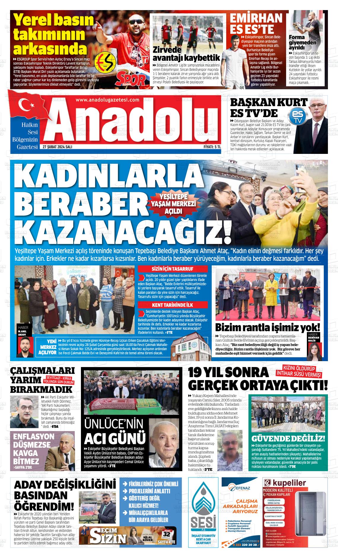 27 Şubat 2024 Anadolu Gazete Manşeti