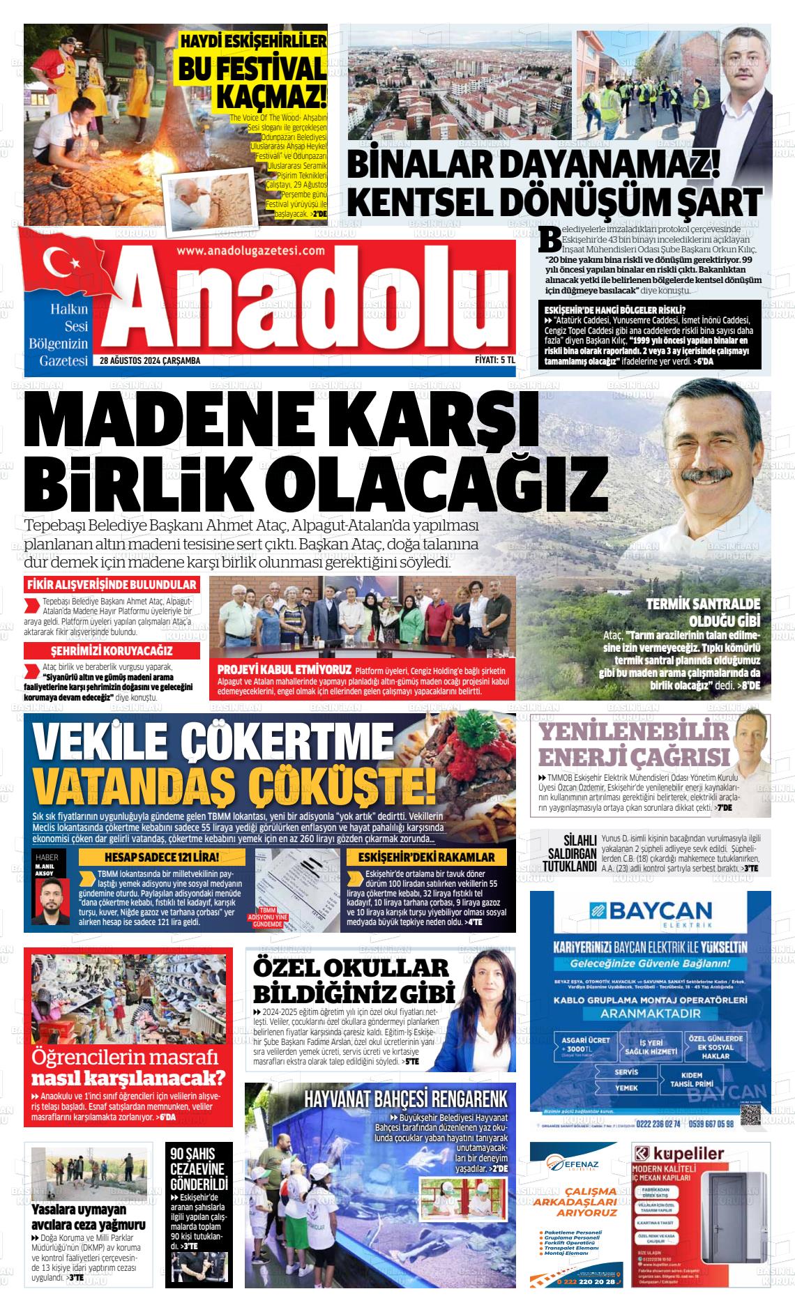 28 Ağustos 2024 Anadolu Gazete Manşeti