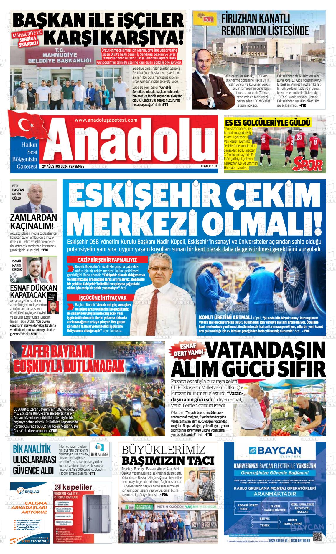 29 Ağustos 2024 Anadolu Gazete Manşeti