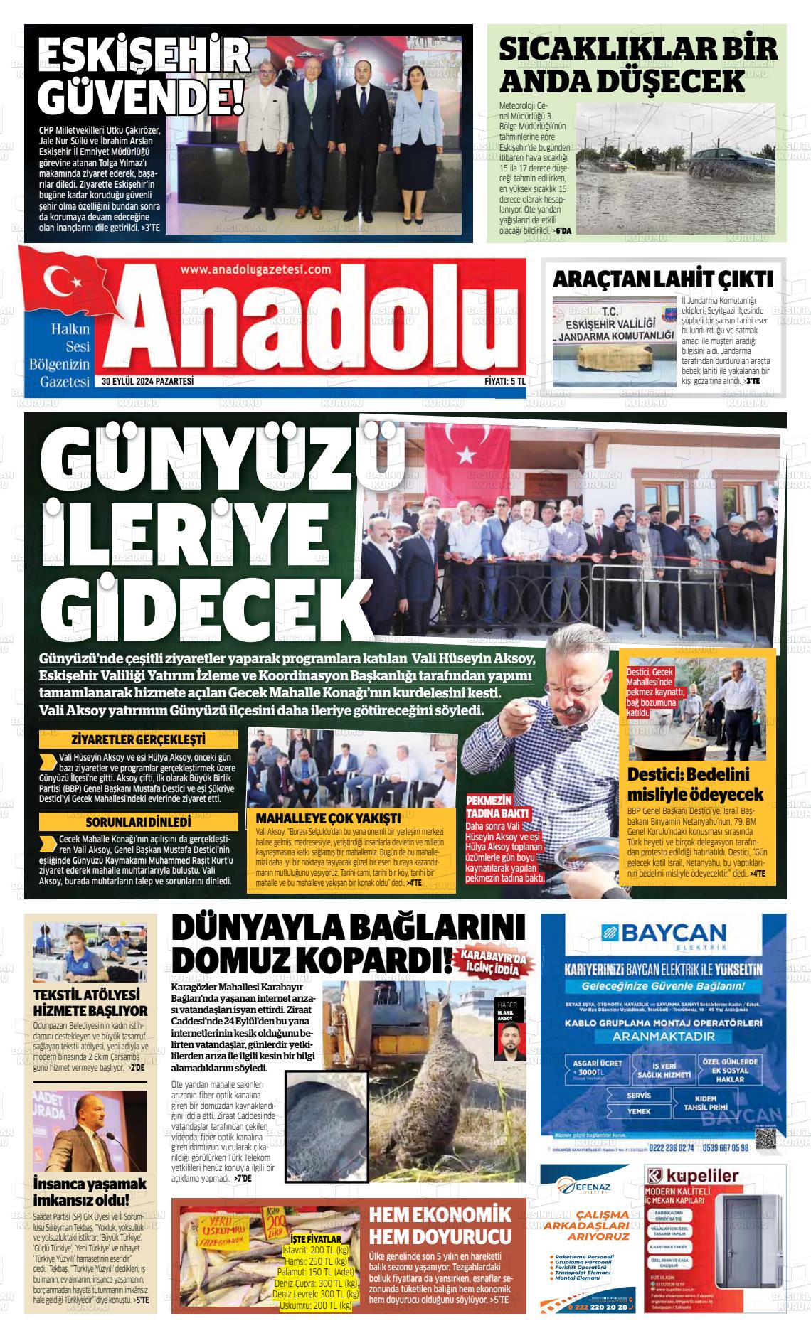 30 Eylül 2024 Anadolu Gazete Manşeti