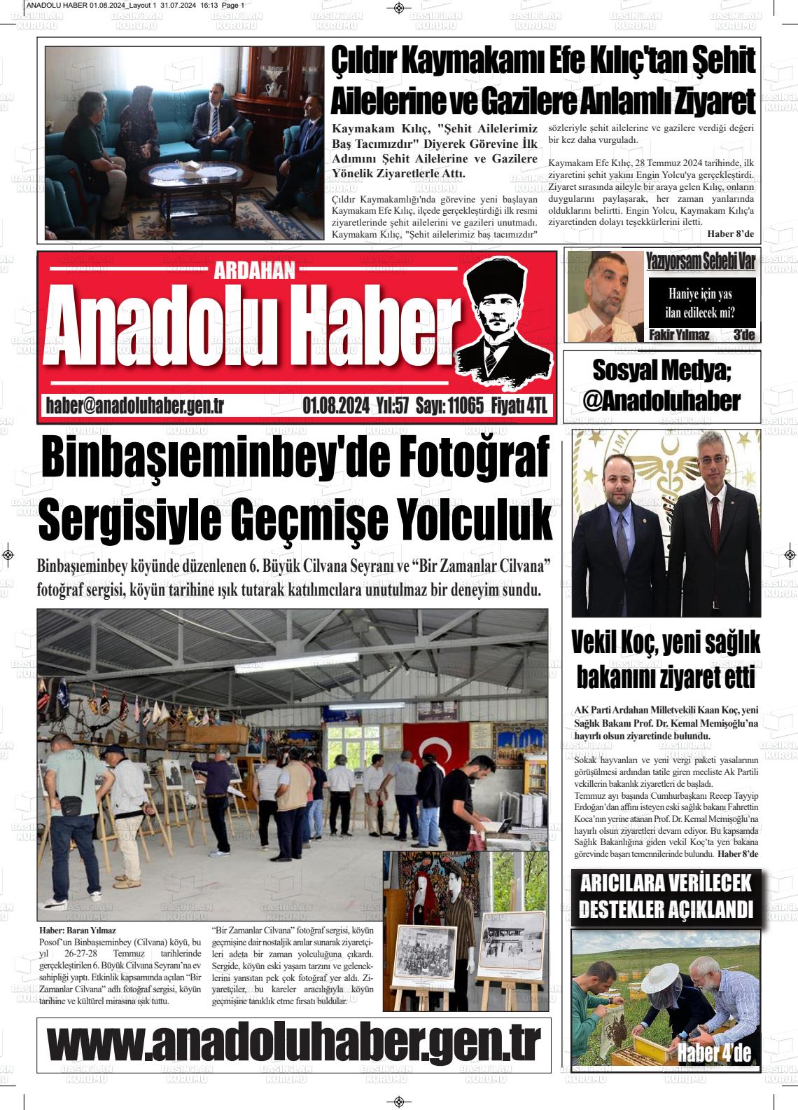 01 Ağustos 2024 Ardahan Anadolu Haber Gazete Manşeti