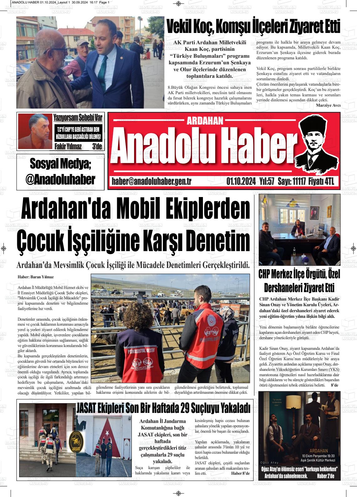 01 Ekim 2024 Ardahan Anadolu Haber Gazete Manşeti