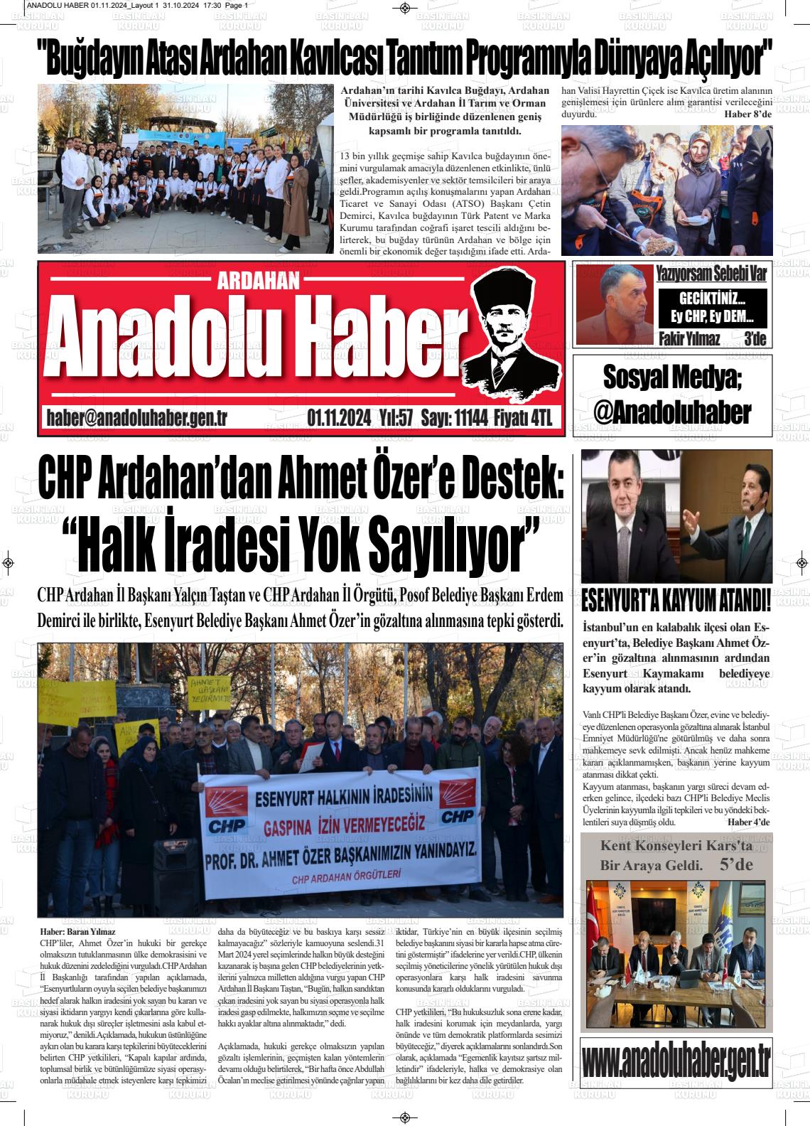 01 Kasım 2024 Ardahan Anadolu Haber Gazete Manşeti