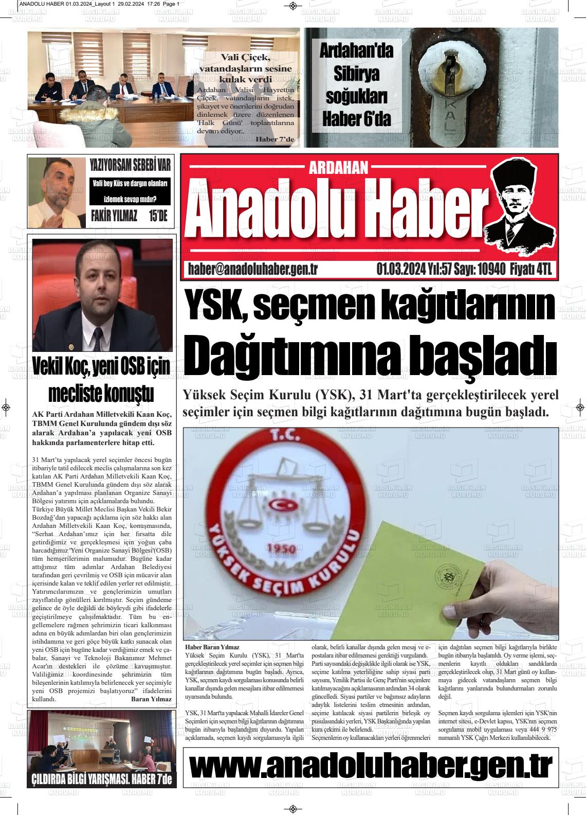 01 Mart 2024 Ardahan Anadolu Haber Gazete Manşeti