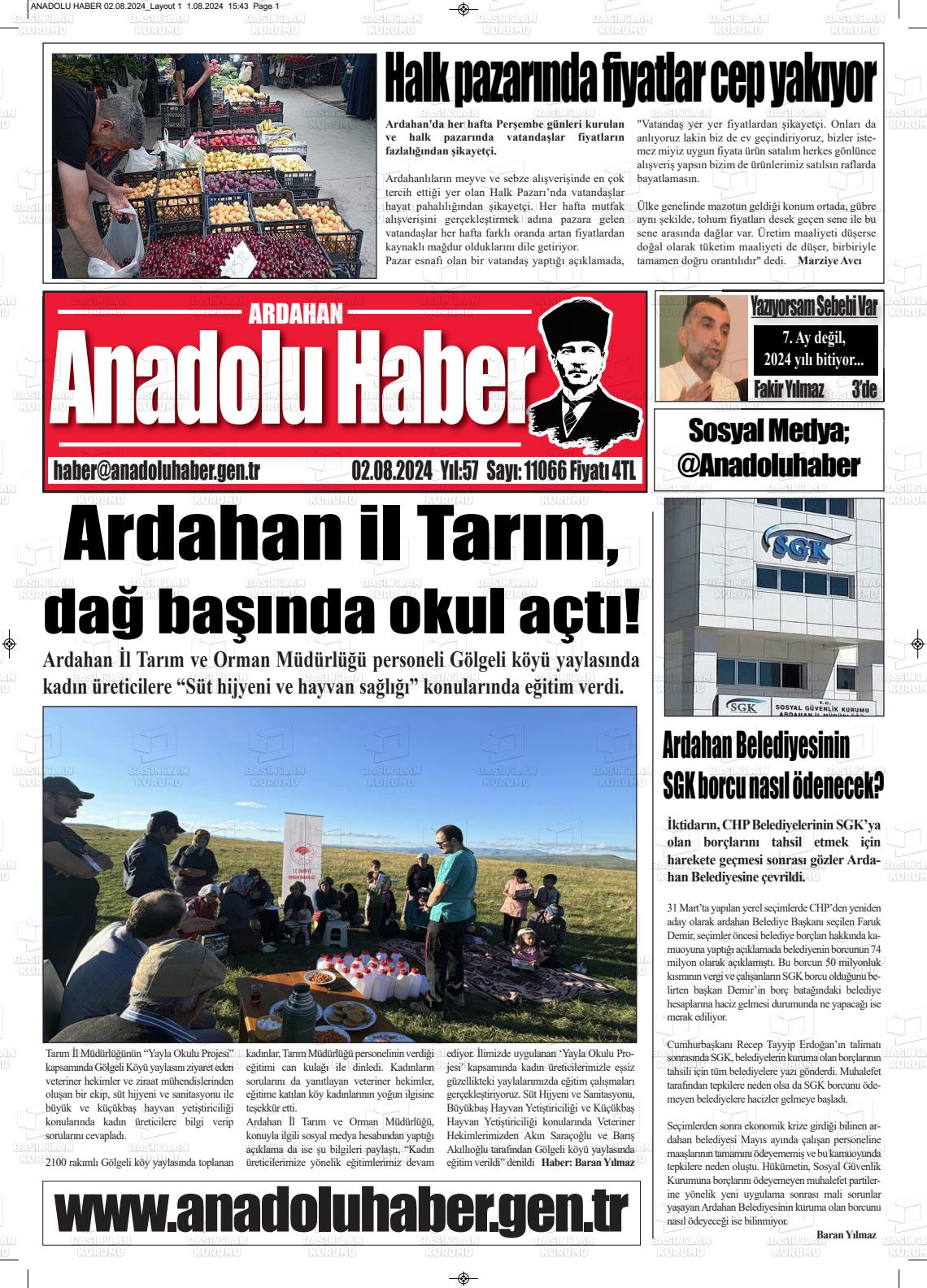 02 Ağustos 2024 Ardahan Anadolu Haber Gazete Manşeti