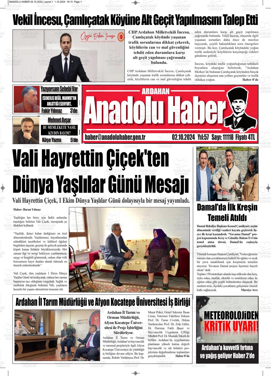 02 Ekim 2024 Ardahan Anadolu Haber Gazete Manşeti