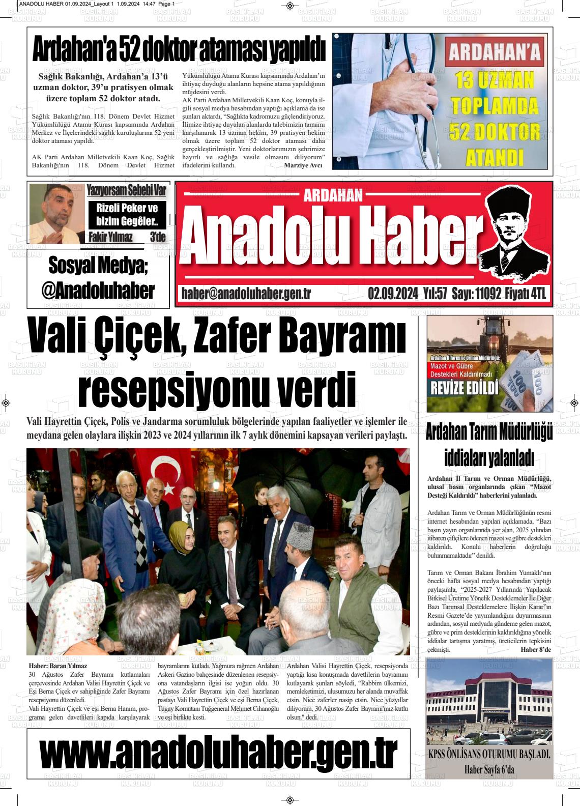 02 Eylül 2024 Ardahan Anadolu Haber Gazete Manşeti