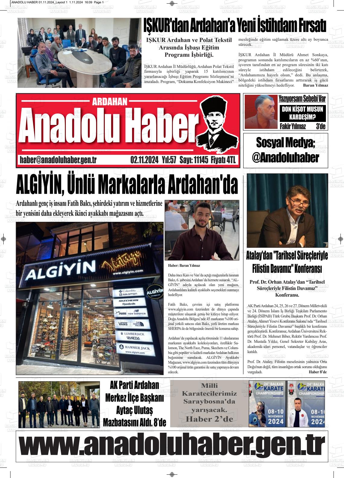 02 Kasım 2024 Ardahan Anadolu Haber Gazete Manşeti