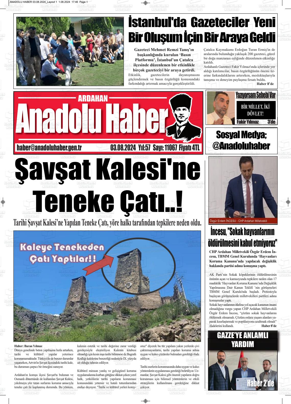 03 Ağustos 2024 Ardahan Anadolu Haber Gazete Manşeti