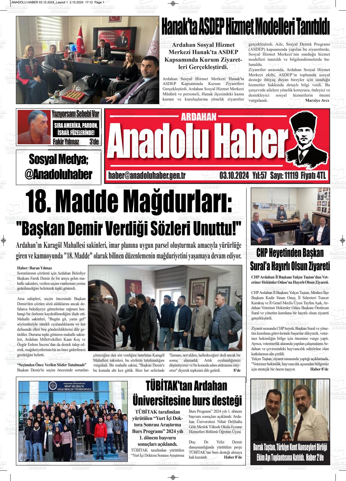 03 Ekim 2024 Ardahan Anadolu Haber Gazete Manşeti