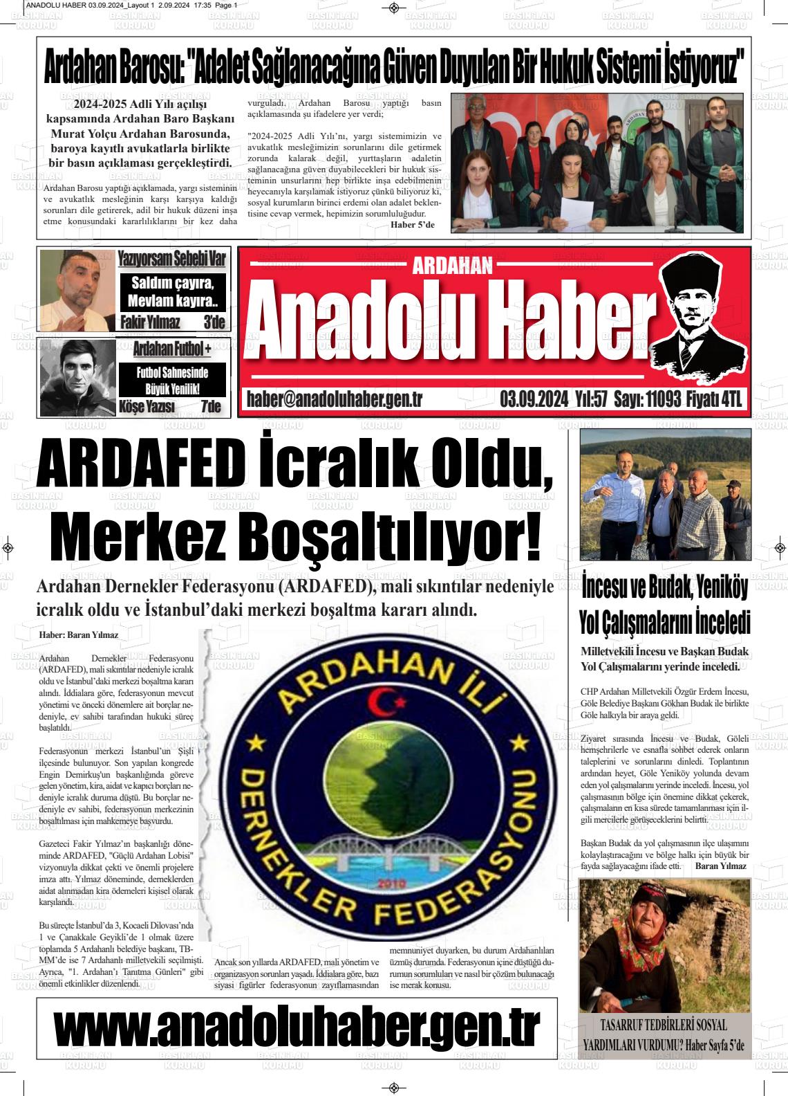 03 Eylül 2024 Ardahan Anadolu Haber Gazete Manşeti